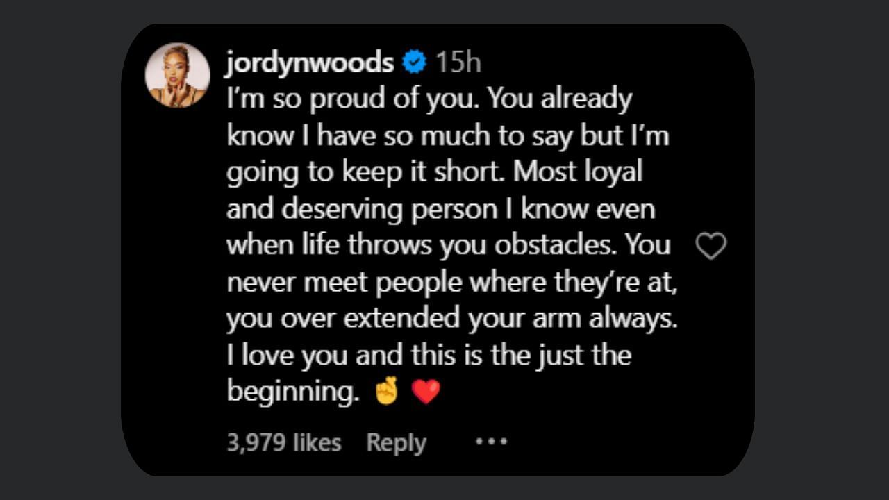 Woods comments on KAT's farewell post. (Credits: @jordynwoods/Instagram)