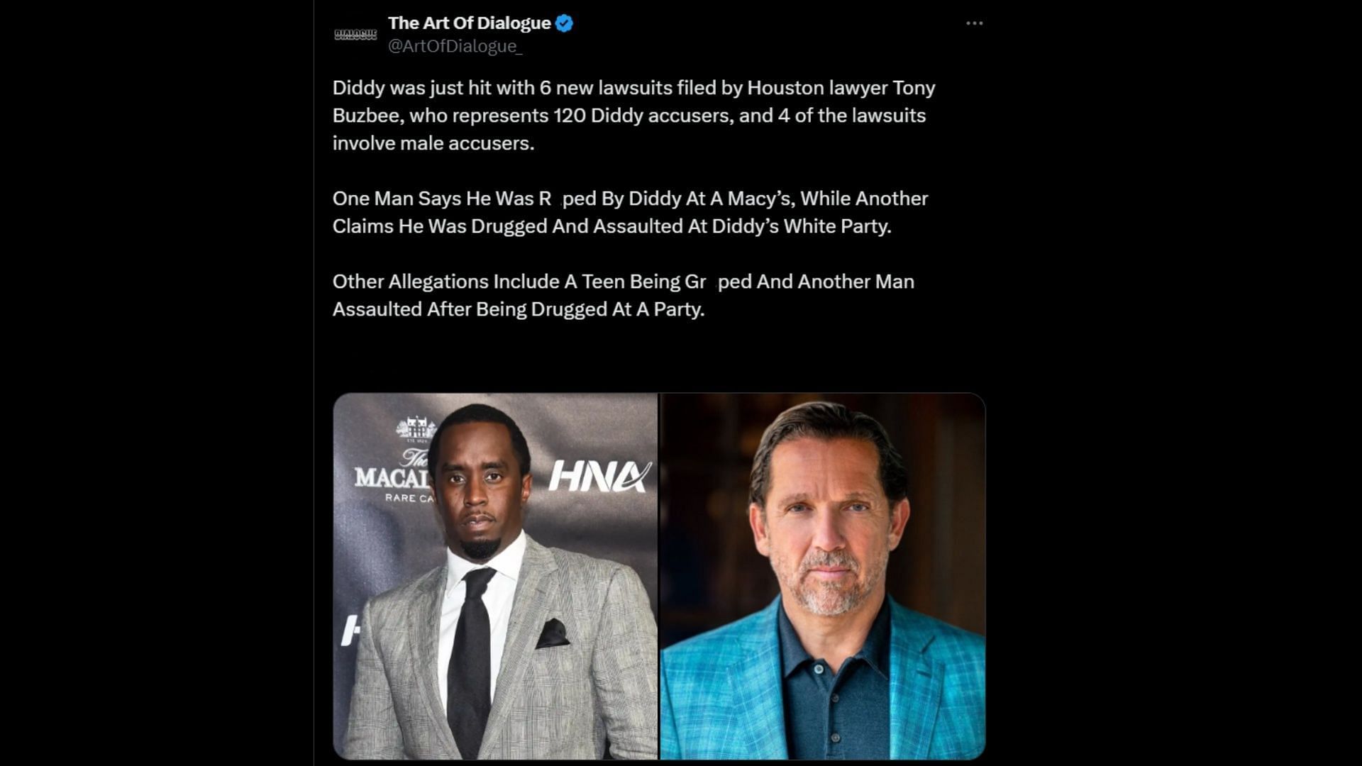 Tony Buzbee has sued Diddy on behalf of a male personal trainer for alleged assault and drugging. (Image via X/ ArtOfDialogue)