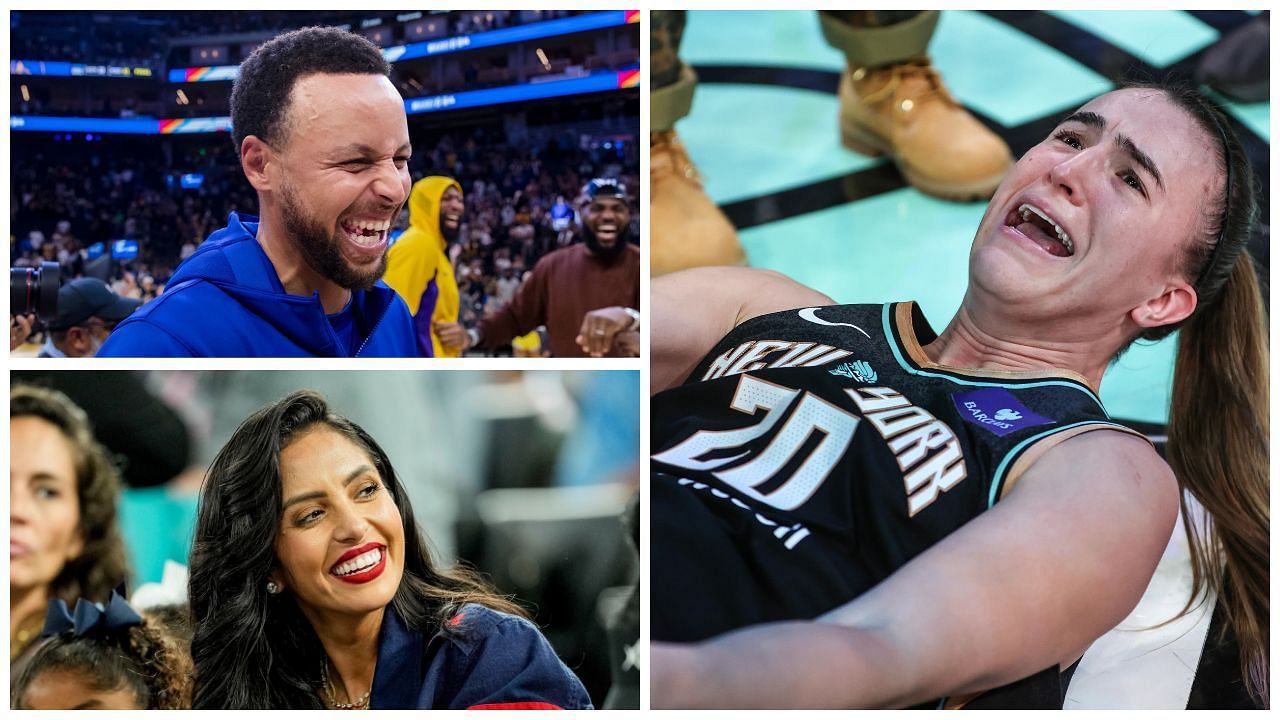 Steph Curry, Vanessa Bryant drop hilarious reactions after Sabrina Ionescu suffers cramp while posing with WNBA trophy. (Photos: IMAGN)