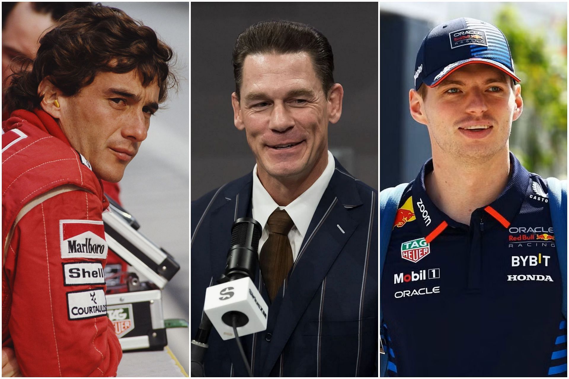 Ayrton Senna (L), John Cena (C), and Max Verstappen (R) (Images via Getty)