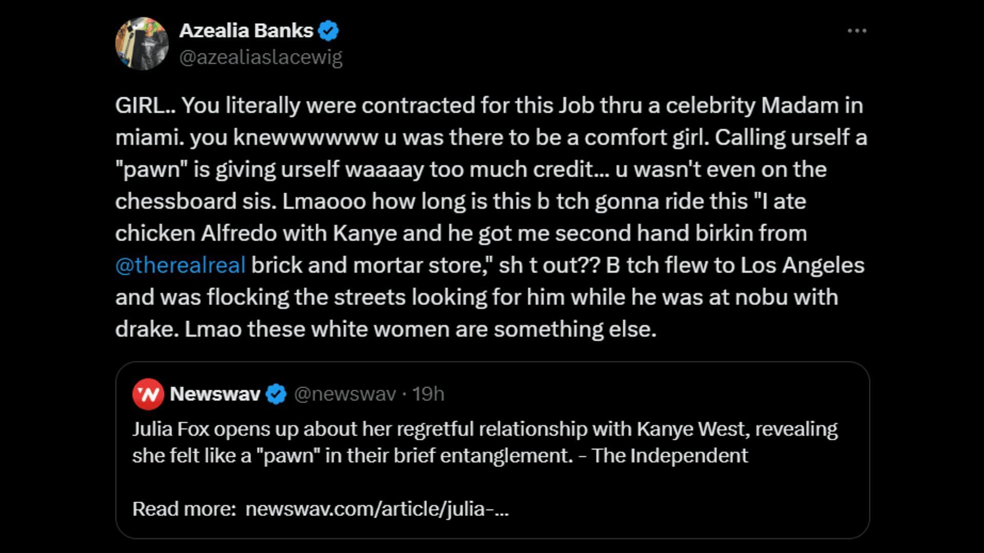 Azealia Banks calls out Julia Fox. (Image via X/ @azealiaslacewig)