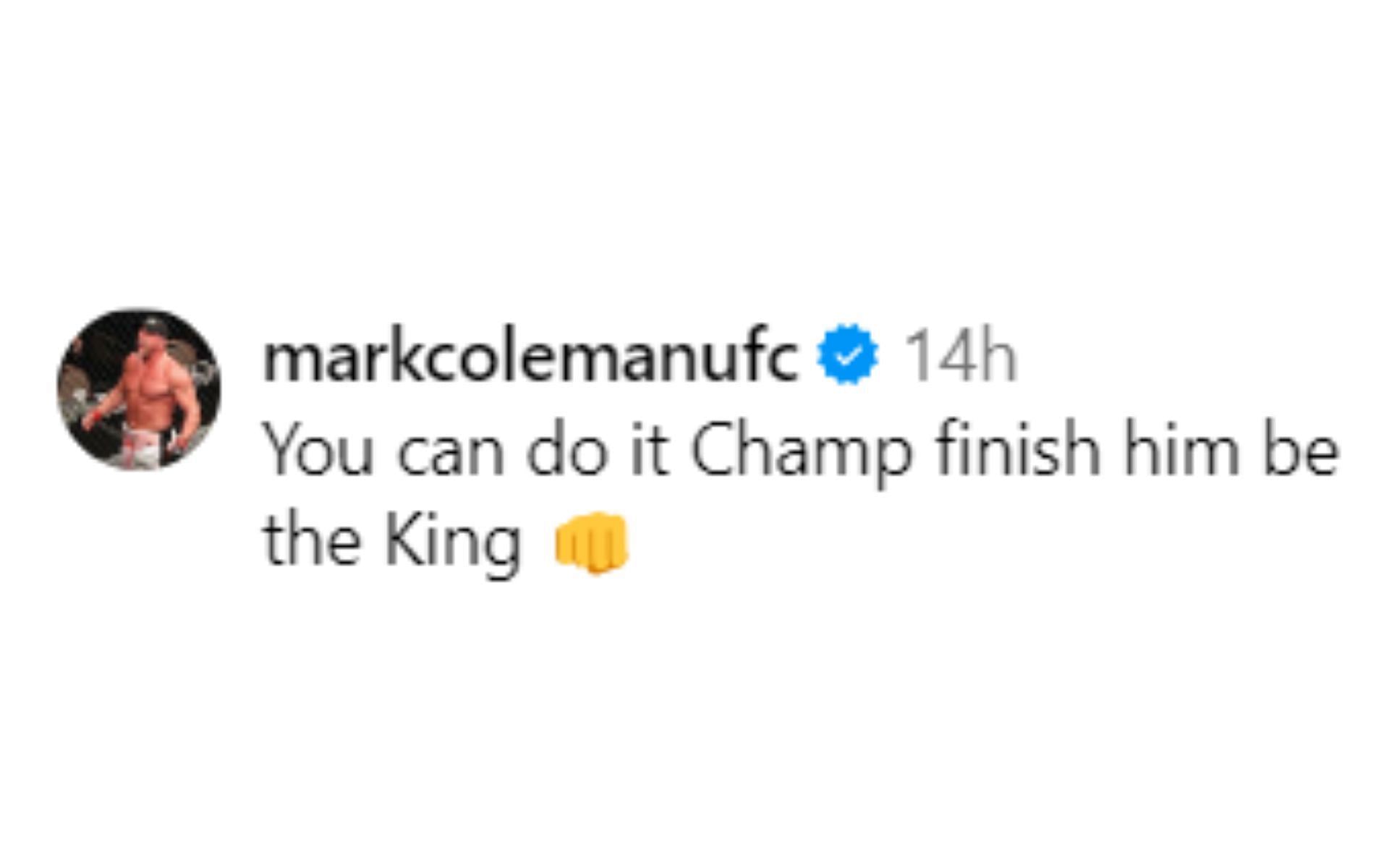 Screenshot of Mark Coleman&#039;s comment under Stipe Miocic&#039;s Instagram post