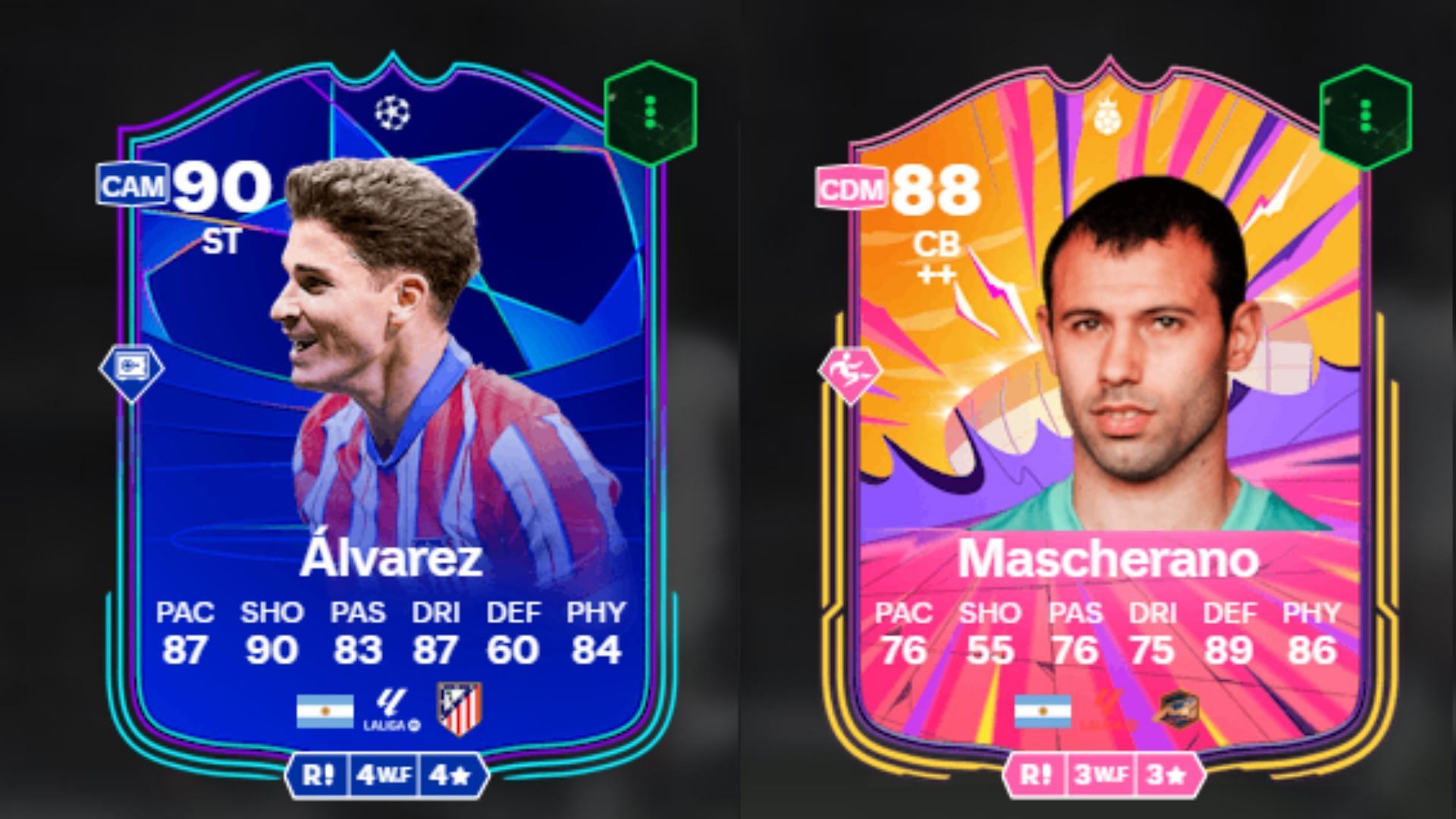 Alvarez UCL RTTK and Mascherano La Liga Hero cards (Images via FUTBIN || EA Sports)