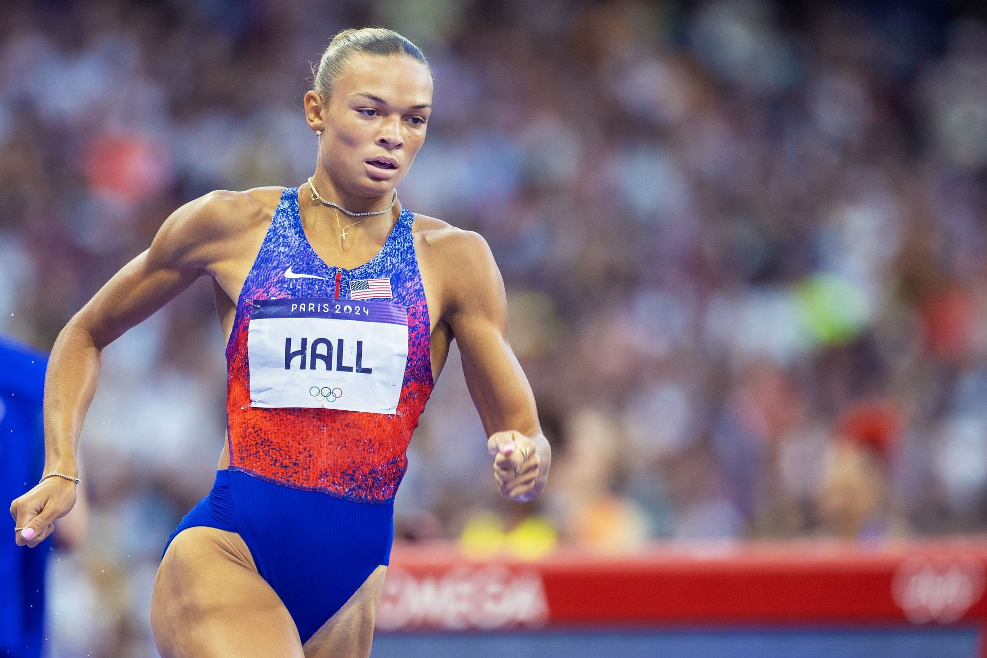 Anna Hall in action in the Women&#039;s Heptathlon 800m during the 2024 Summer Olympic Games in Paris, France. (Photo via Getty Images)