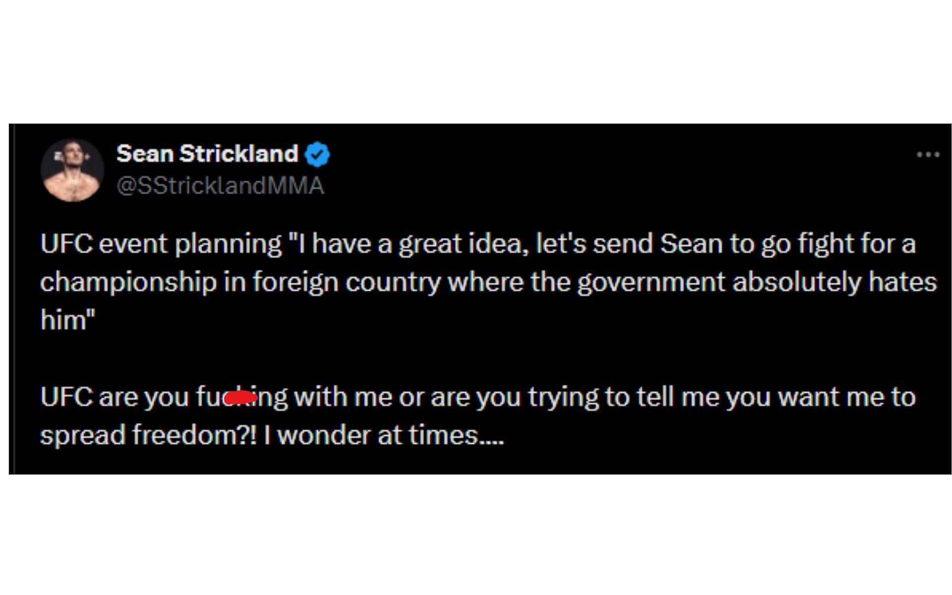 Strickland's tweet regarding potential middleweight title fight in Sydney [Image courtesy: @SStricklandMMA - X]