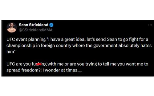 Strickland's tweet regarding potential middleweight title fight in Sydney [Image courtesy: @SStricklandMMA - X]