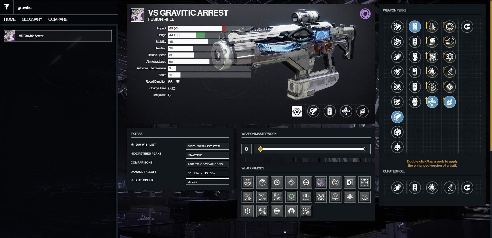 VS Gravitic Arrest PvP god roll (Image via Bungie/D2Gunsmith)