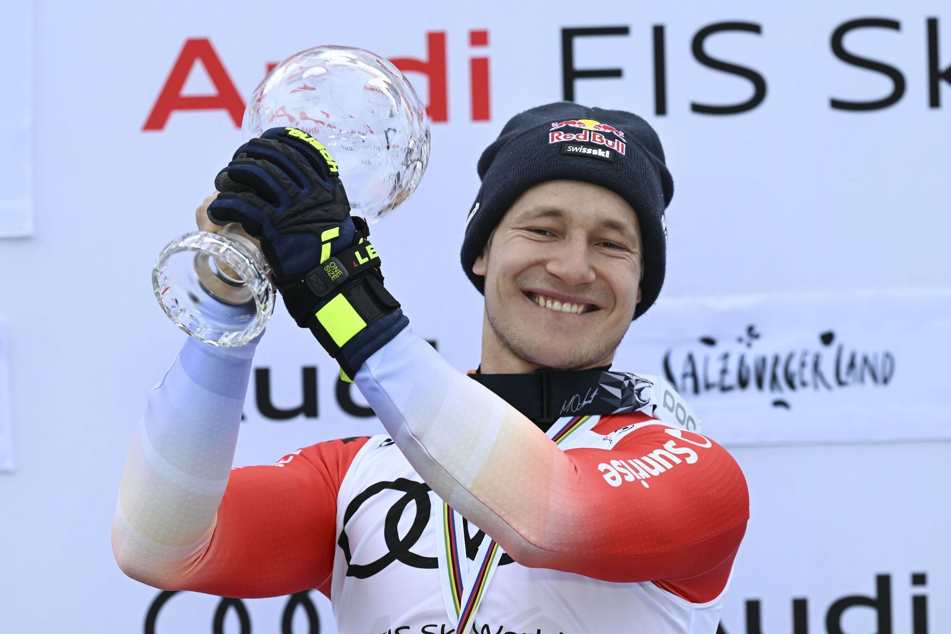 Marco Odermatt after winning the Men&#039;s Downhill event (Image via: Getty Images)