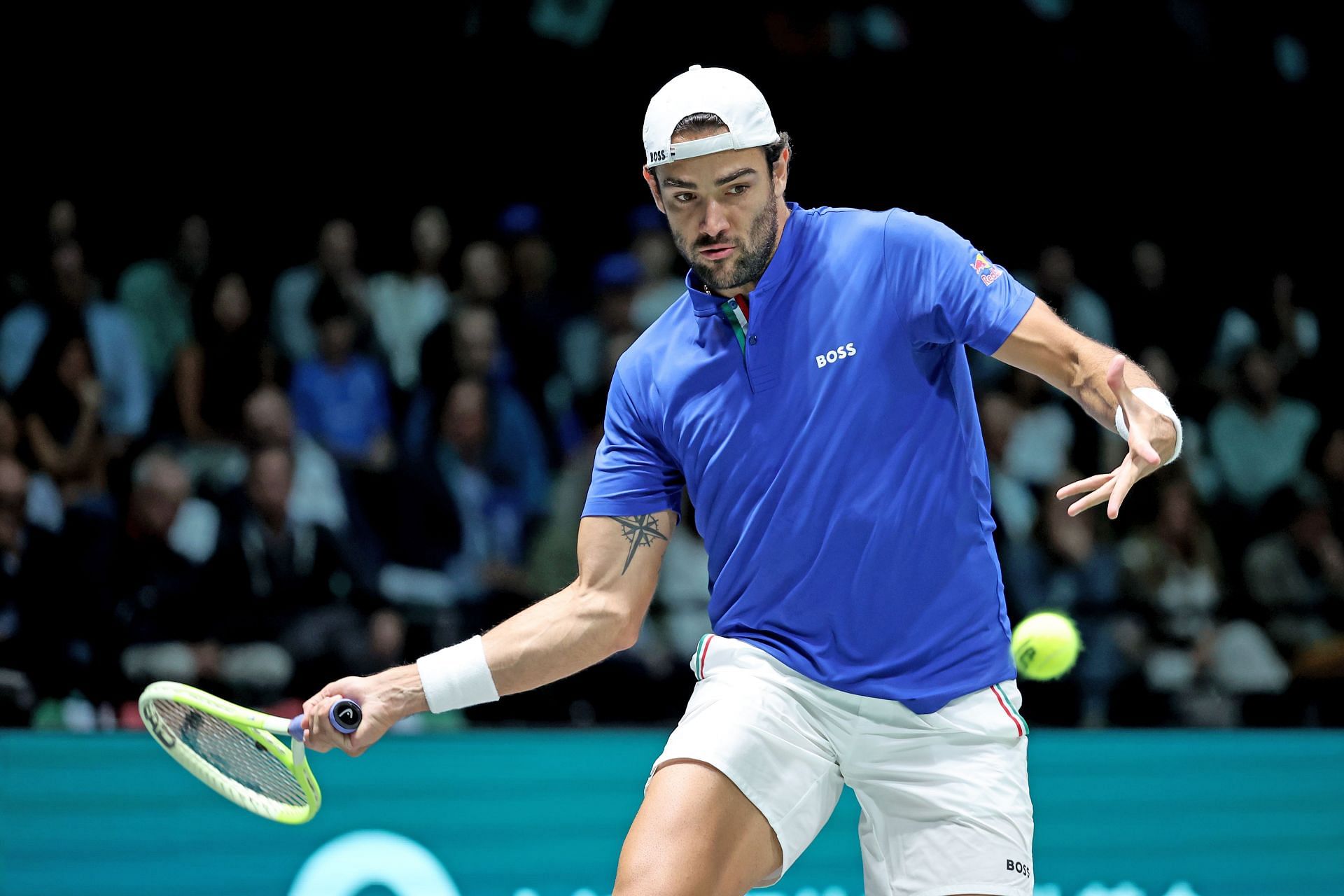 Berrettini plays a forehand in the 2024 Davis Cup Finals - Source: Getty