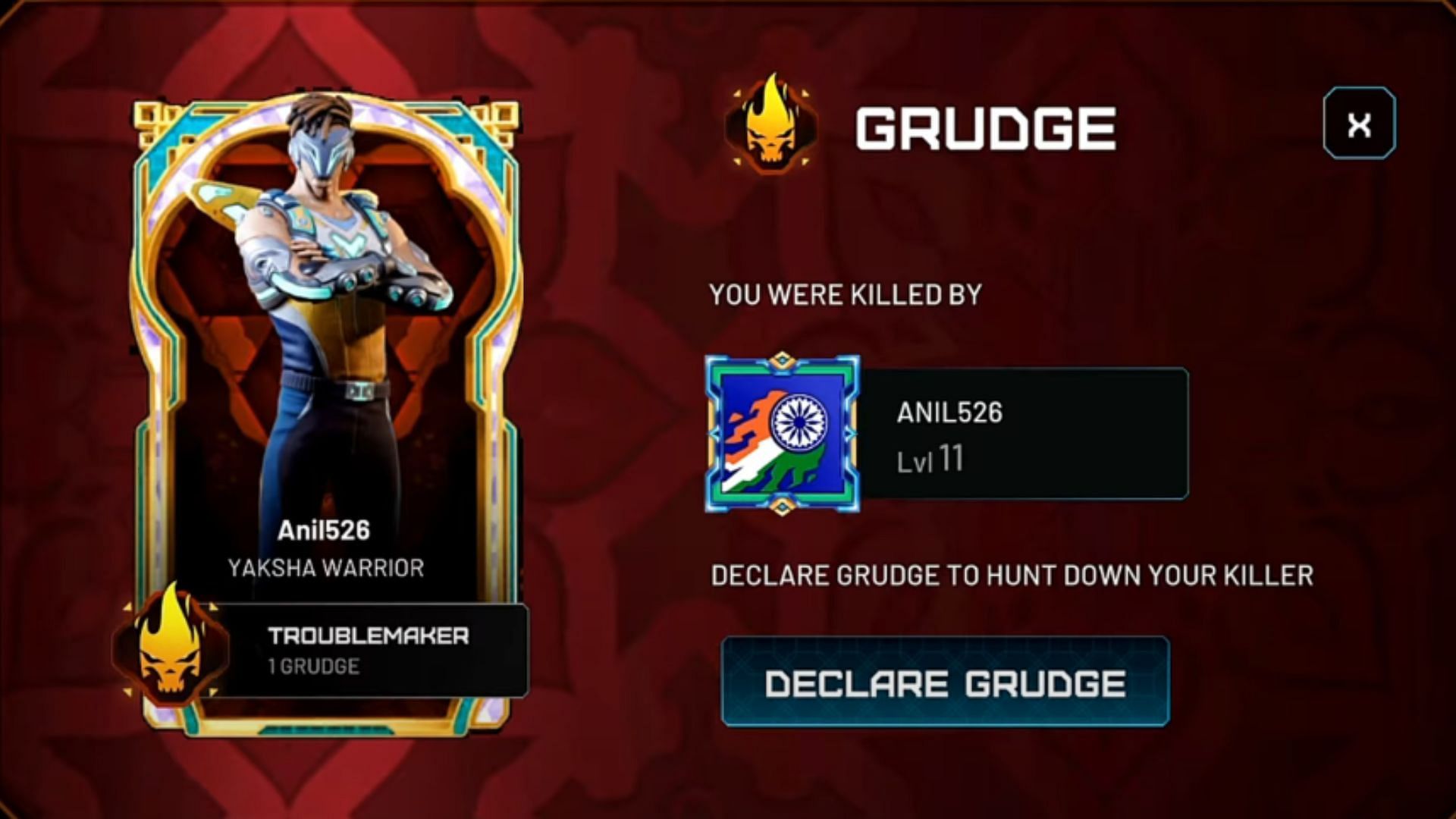 Indus Battle Royale grudge declaration in-game (Image via SuperGaming)