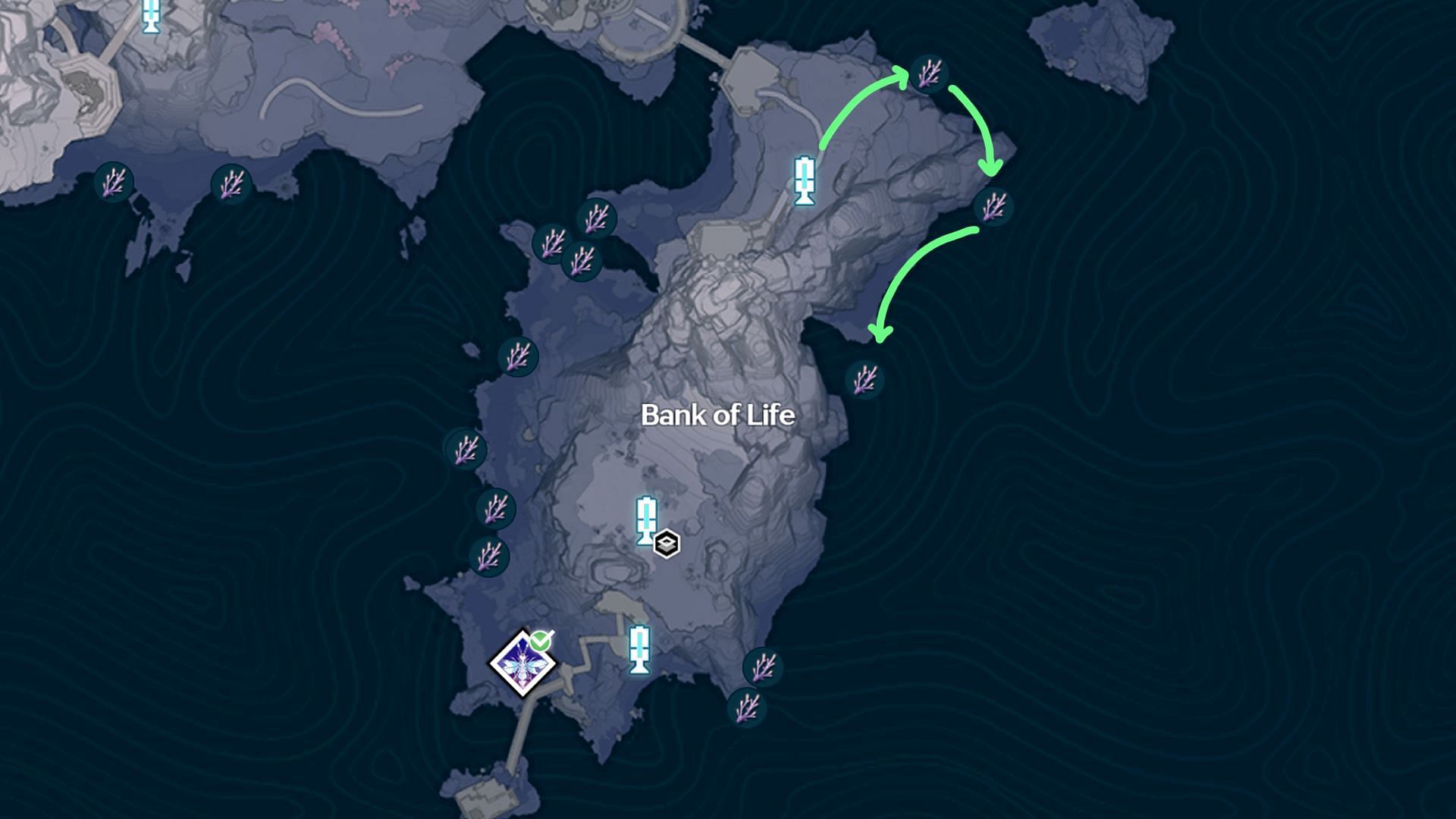 Route #1 for collecting Violet Coral in the Bank of Life area (Image via Kuro Games)