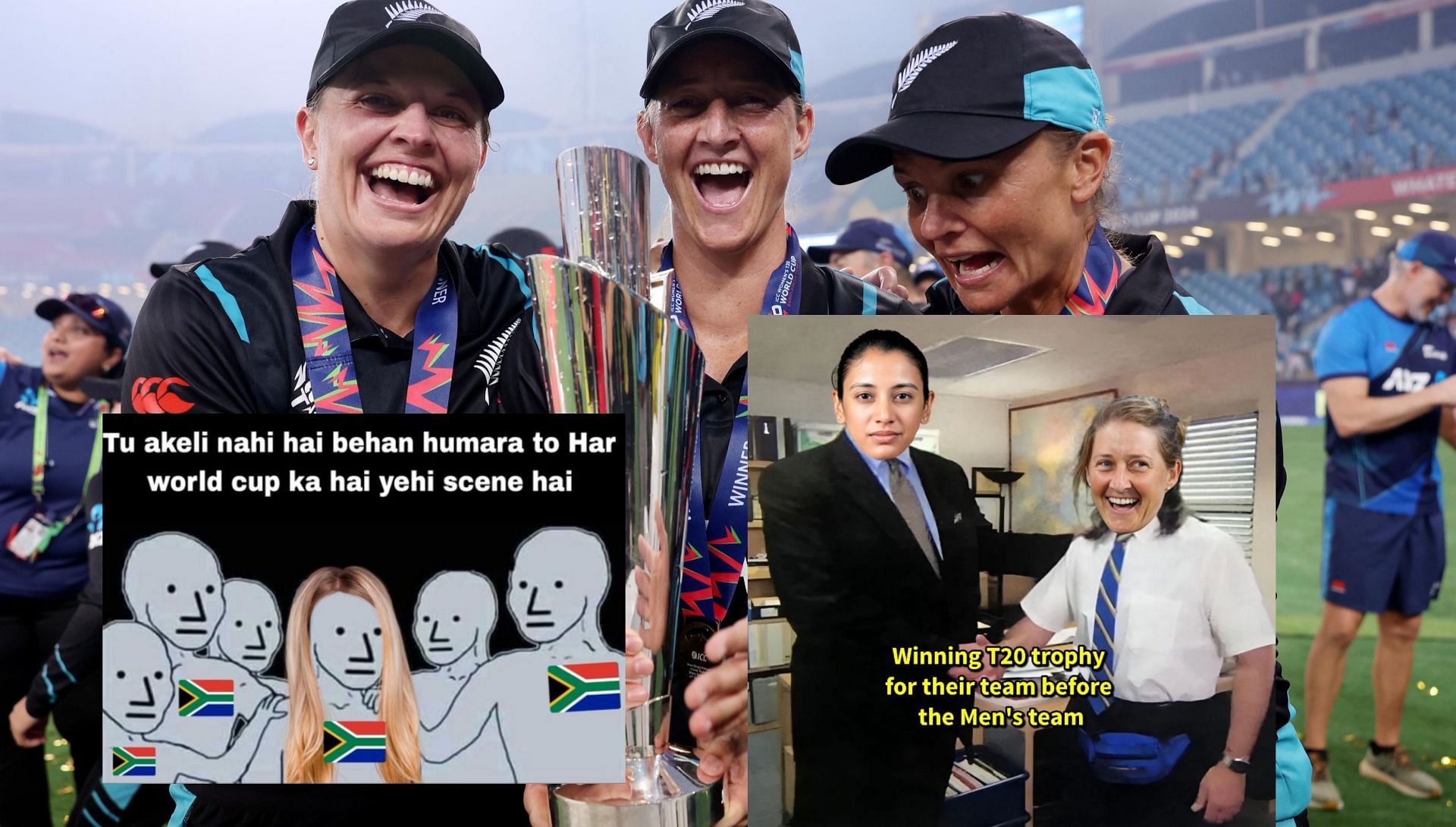 Fans react after NZW win vs SAW in WC final. (Image: X - ICC, @GaurangBhardwa1, Instagram - srcsmic_enginer2.0)