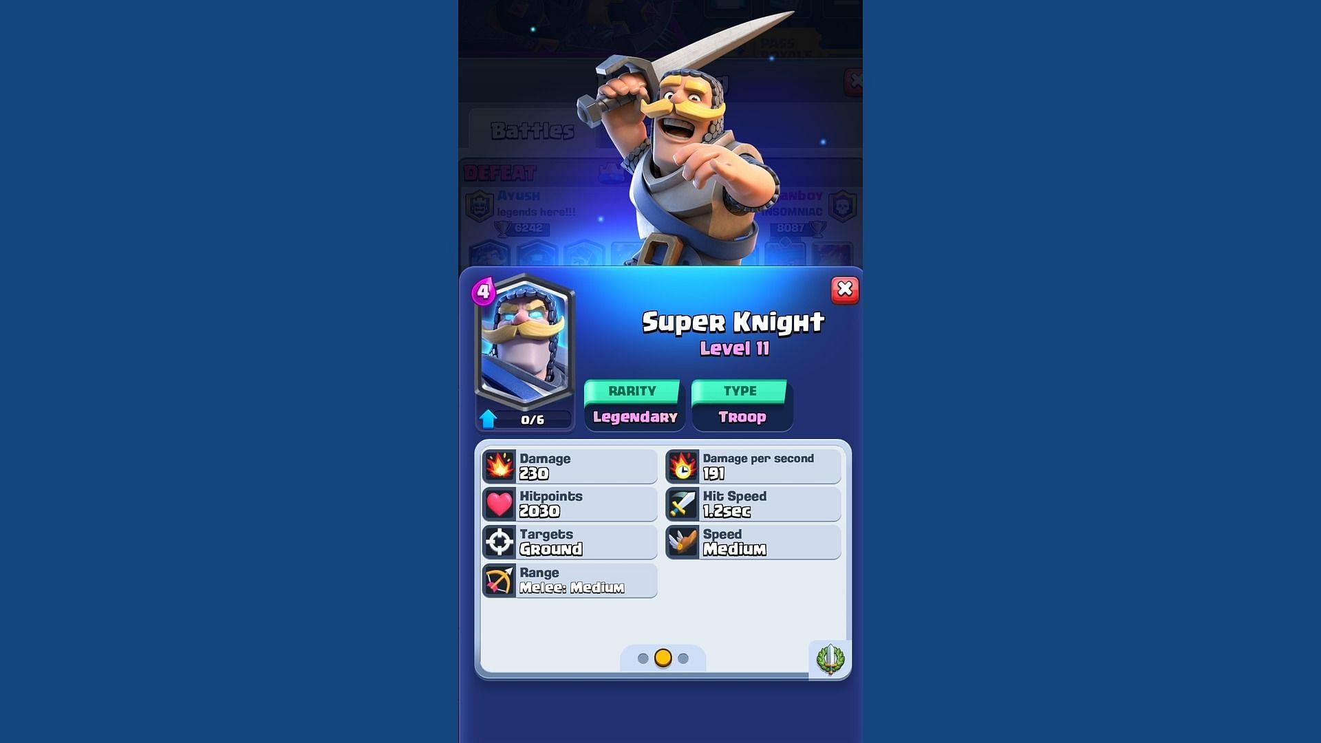 Stats of level 11 Clash Royale Super Kngit card (Image via Supercell)