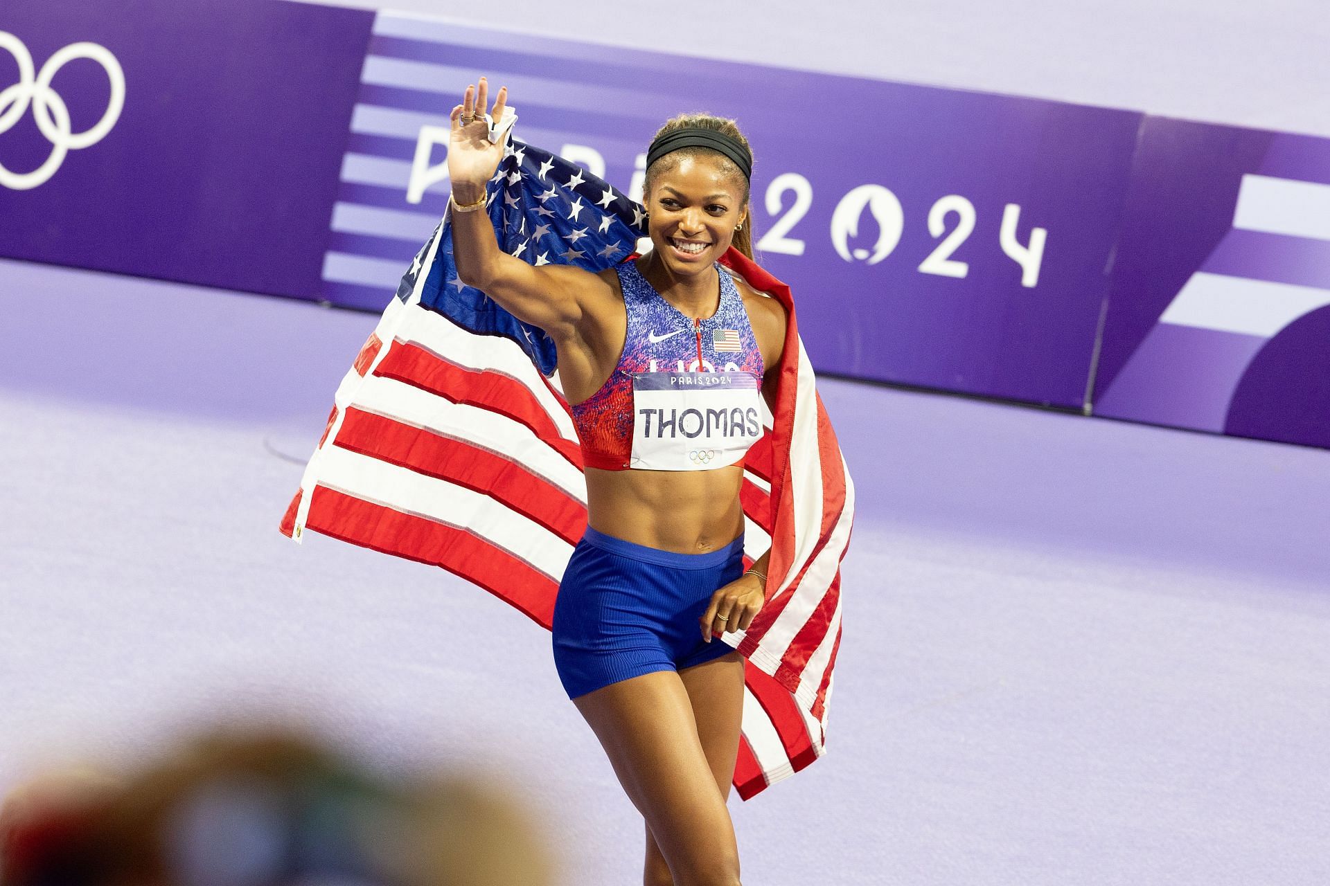 Gabby Thomas after winning the 4x400m relay at the Paris Olympics (Image Source: Getty)