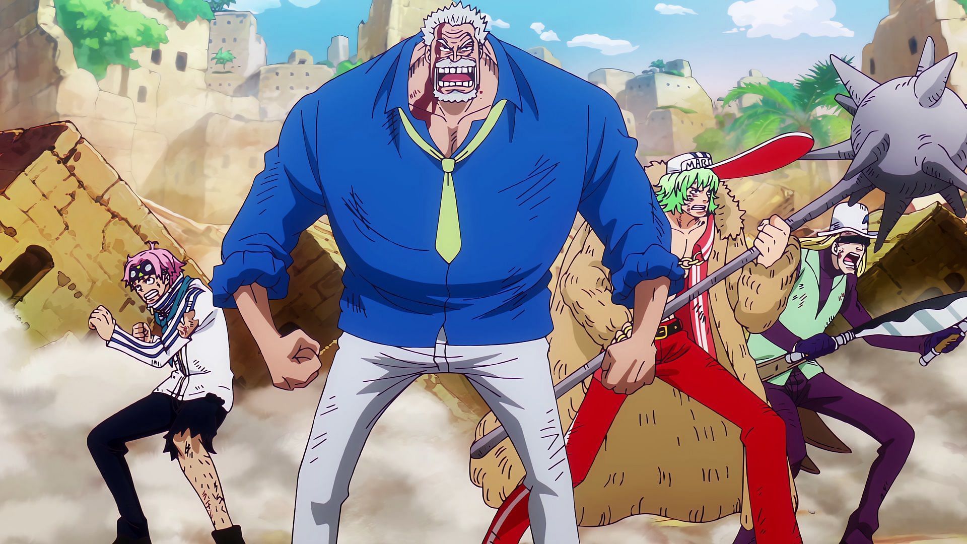 Koby with Garp, Prince Grus, and Helmeppo (Image via Toei Animation)