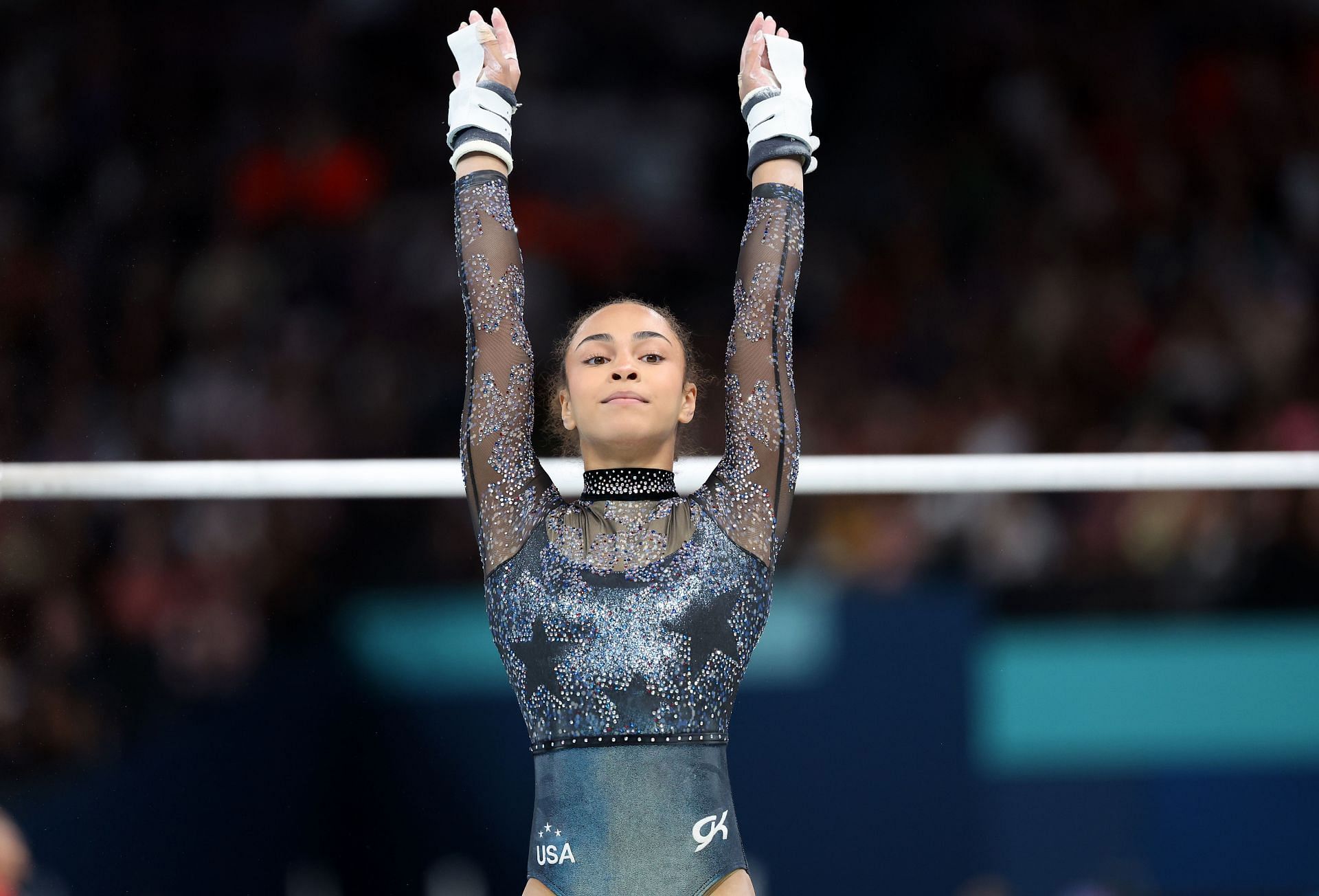 Hezly Rivera during the uneven bars apparatus at the 2024 Paris Olympics (Image via: Getty Images)