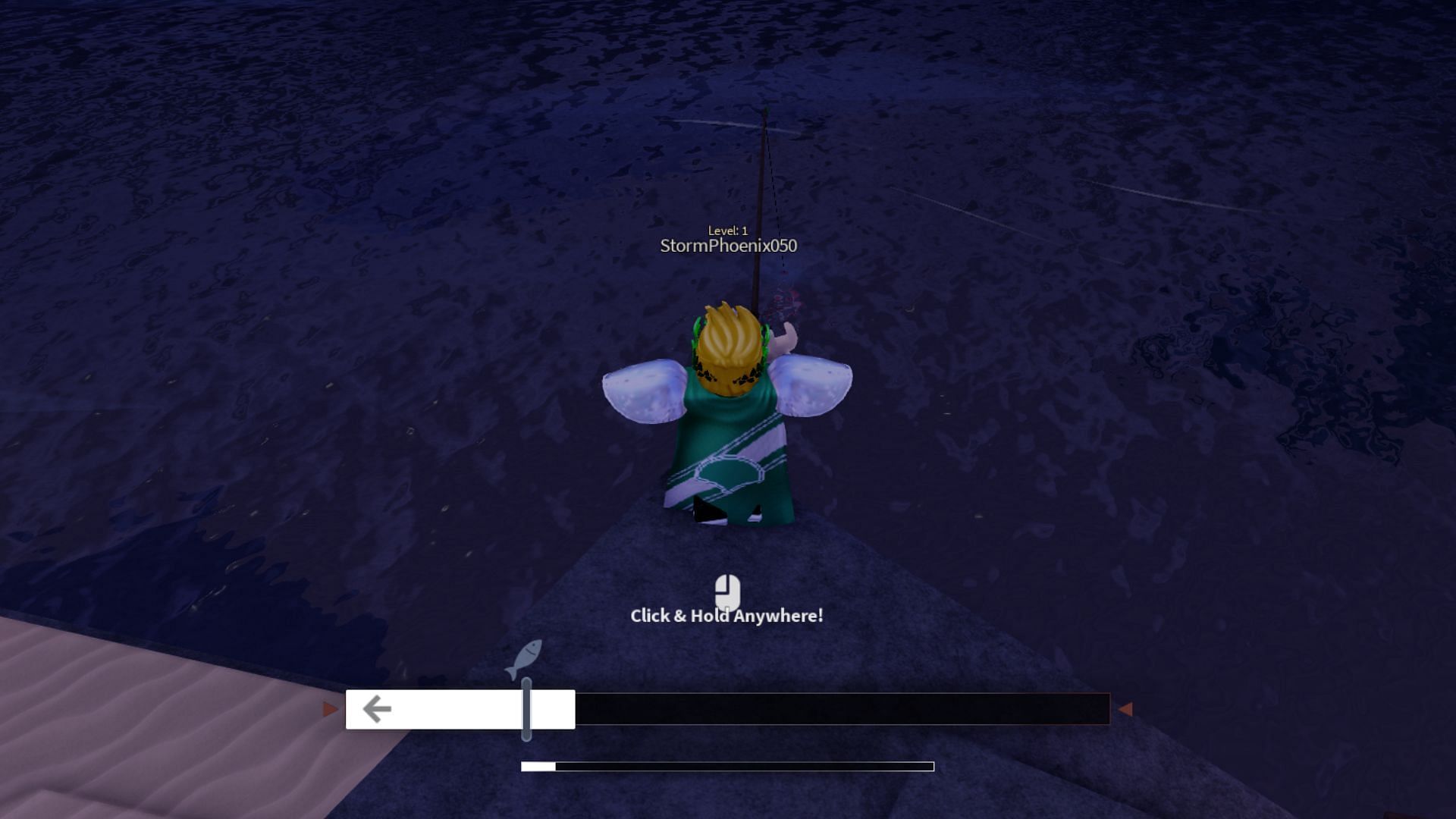 You have to keep the fish icon inside the white bar (Image via Roblox)