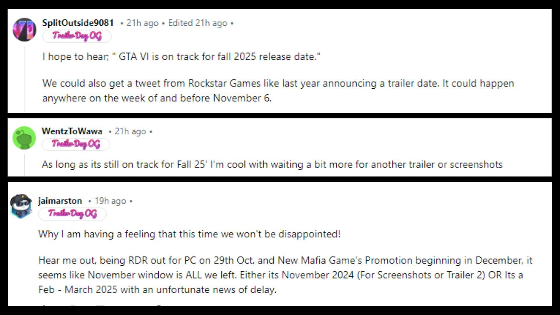 Fans hope to get the next GTA 6 updates close to Take-Two's November 2024 earnings call. (Images via Reddit)