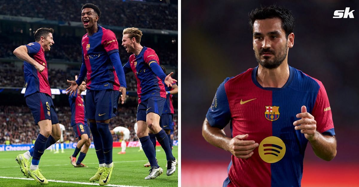 Barcelona players celebrate after El Clasico win (Both images via Getty)