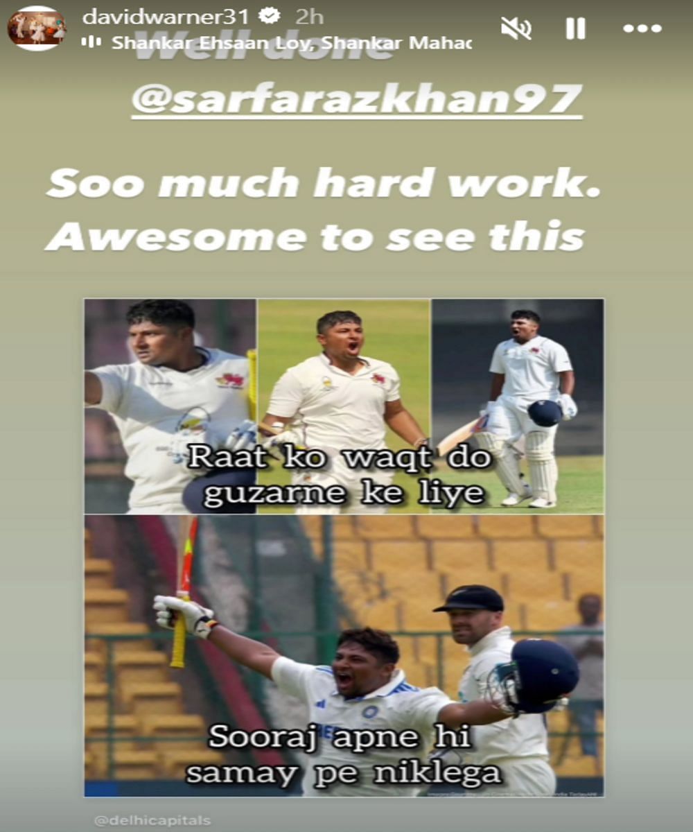 David Warner's story for Sarfaraz Khan (Image by @davidwarner31 on Instagram)