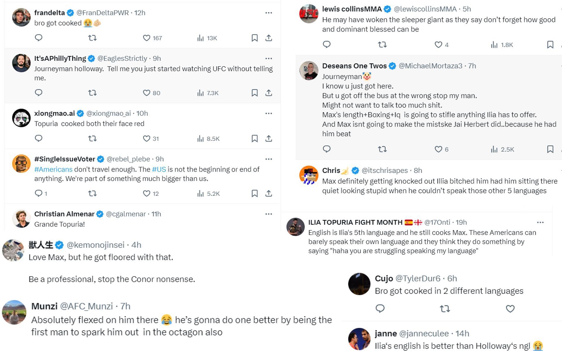 Fans react to the fiery exchange between Ilia Topuria and Max Holloway. [Images courtesy: @TopuriaLand on X]