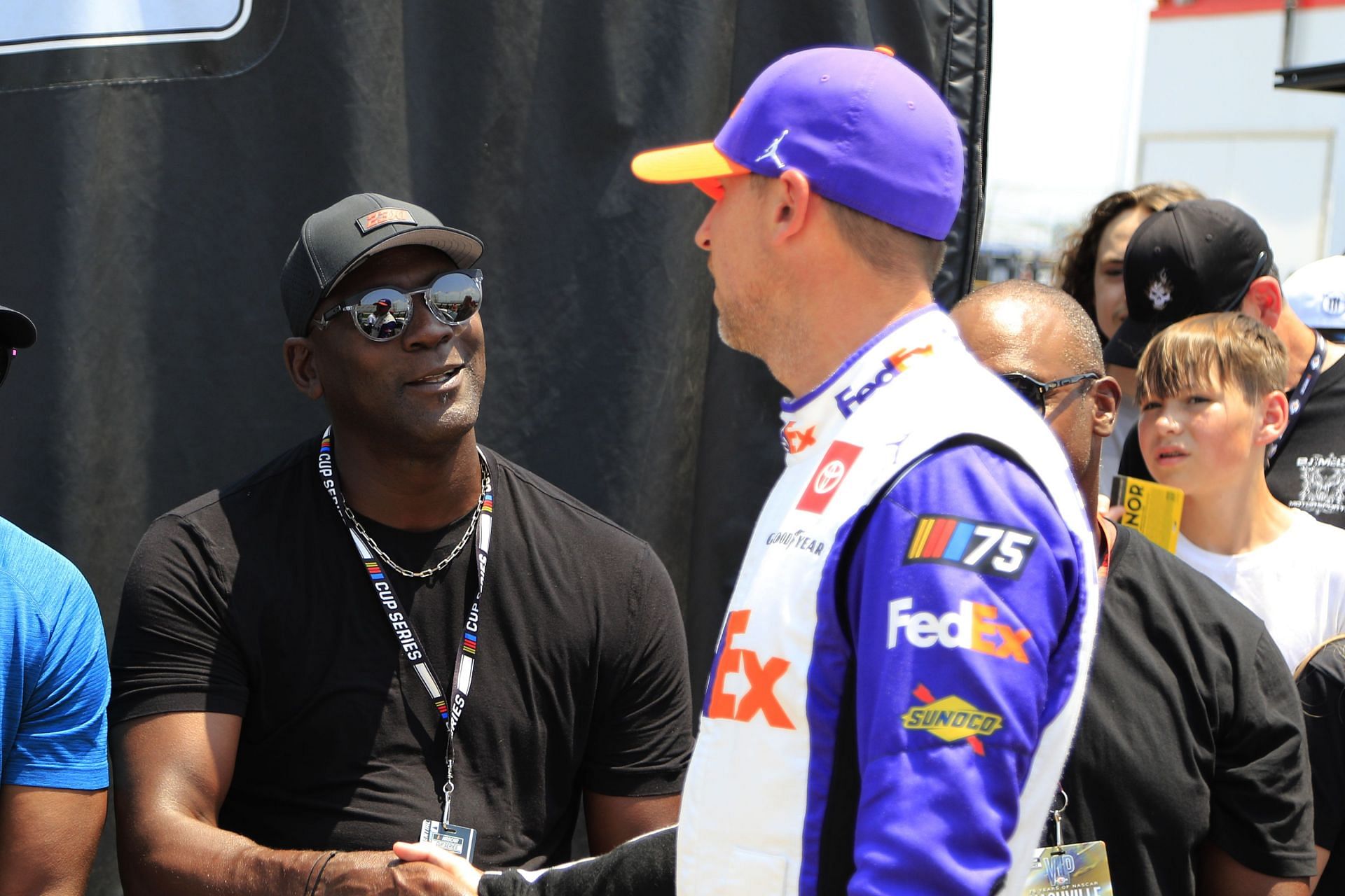 Team 23Xi co-owner Michael Jordan with Denny Hamlin (#11 Joe Gibbs Racing FedEx Ground Toyota). Source: Getty Images