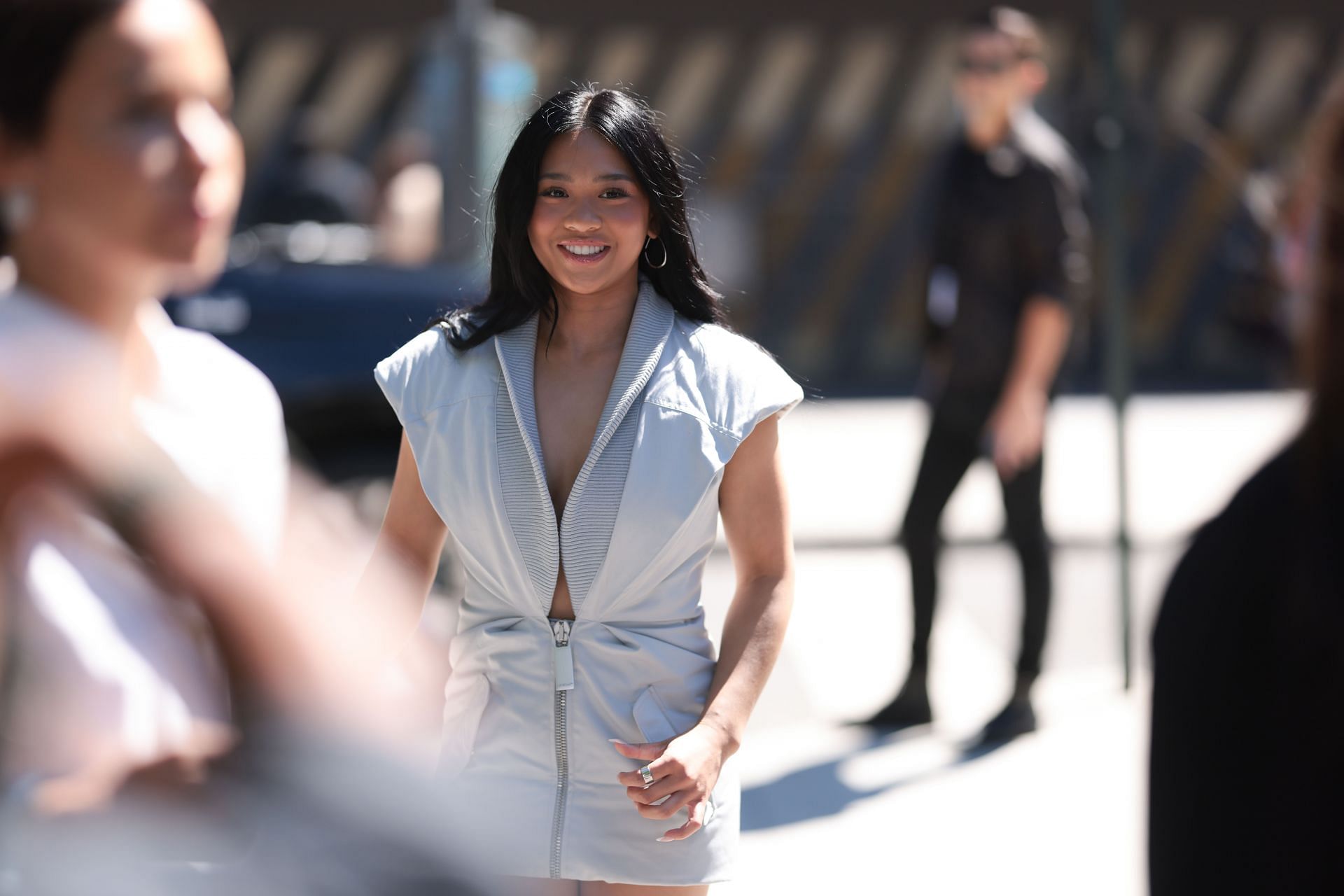 Suni Lee smiling at the Street Style event at New York Fashion Week - Source: Getty