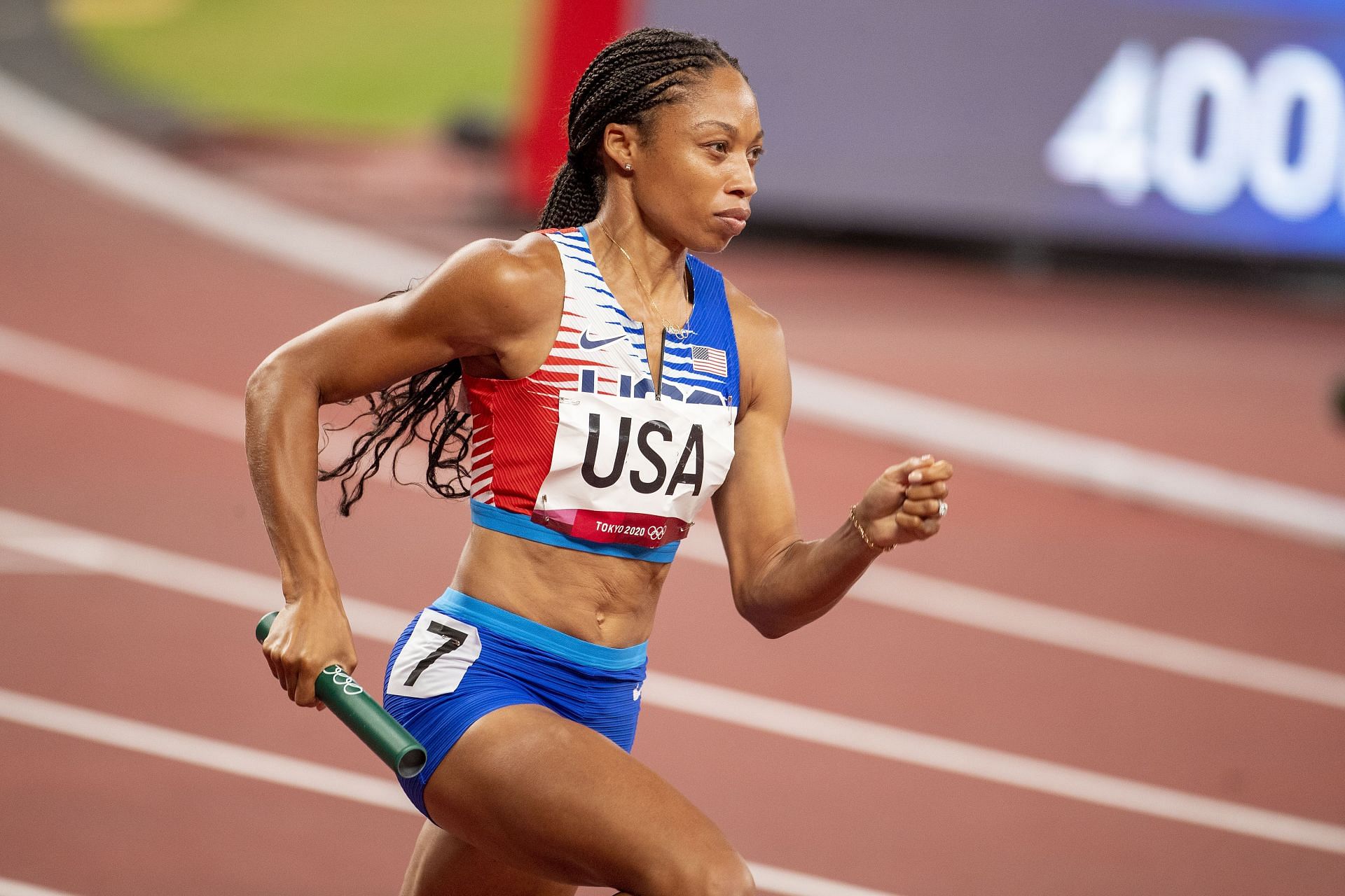 Felix during the 4x400m relay finals at the 2020 Tokyo Olymppics (Image via: Getty Images)