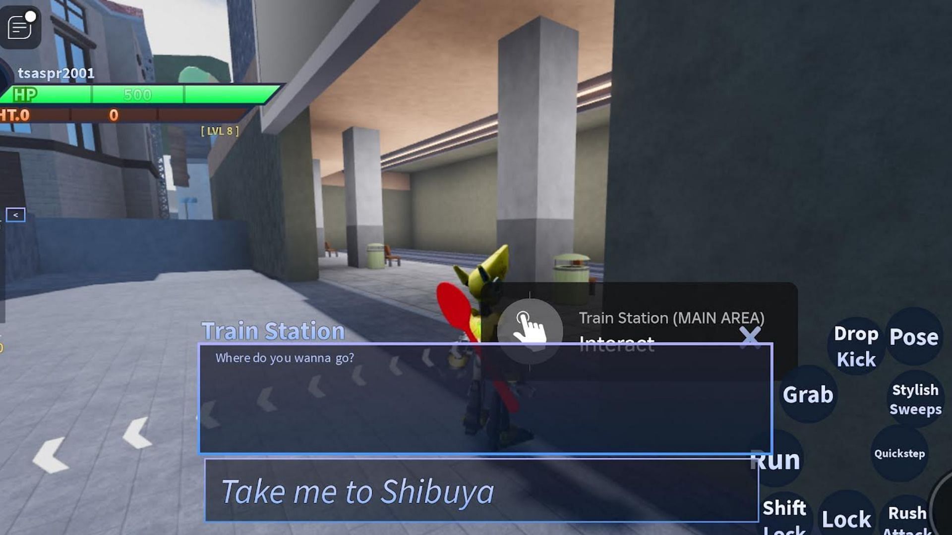 Interact with the Train Station to reach Shibuya (Image via Roblox)