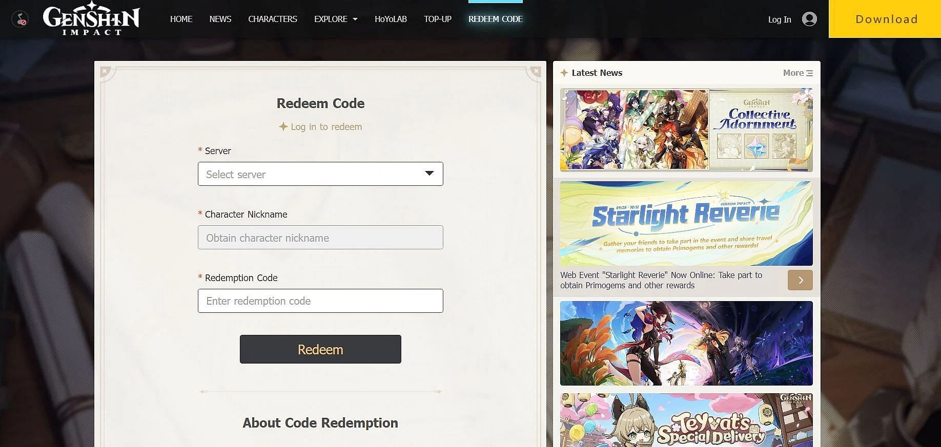 Use codes on website (Image via HoYoverse)