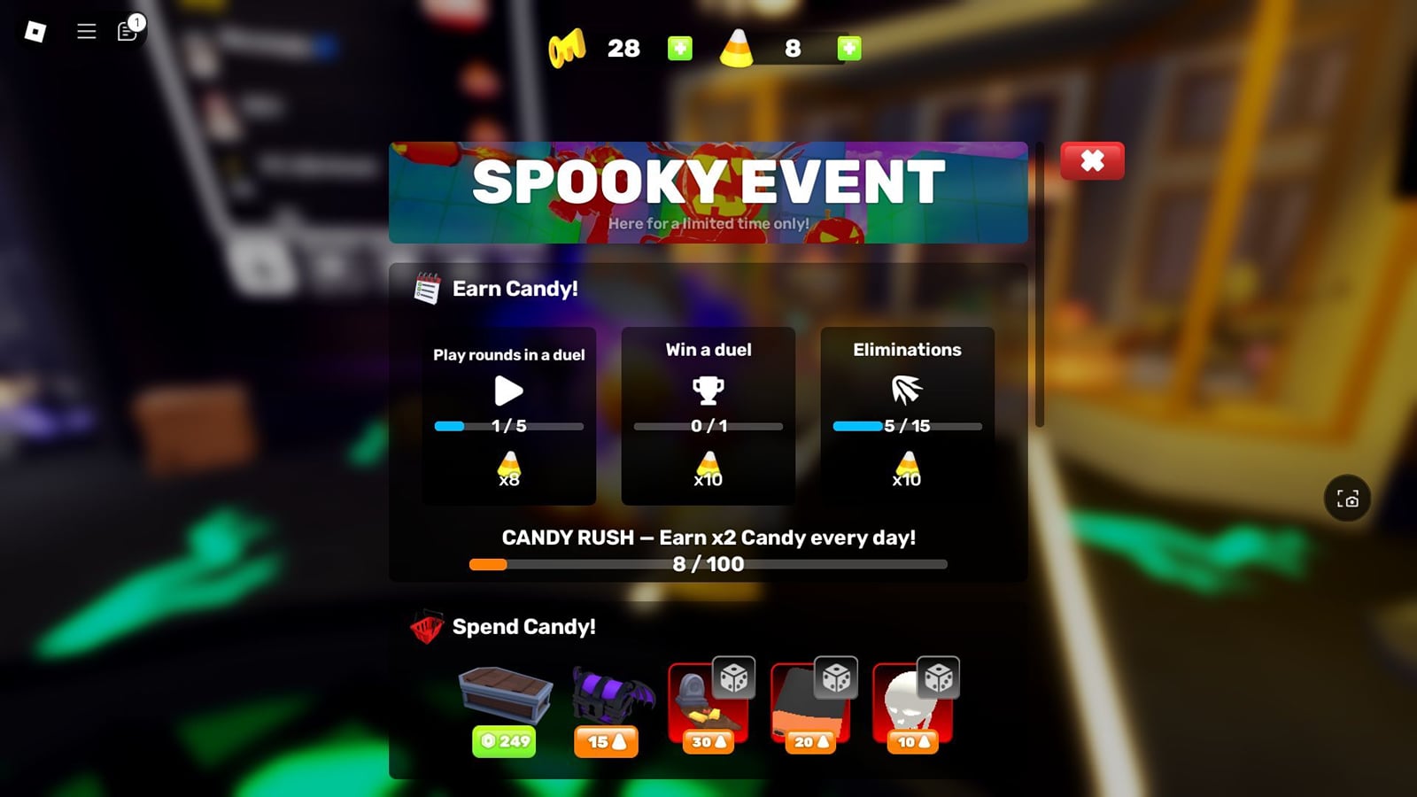 RIVALS Halloween event interface — 2024 historical reference Roblox Rivals Halloween event menu showing seasonal challenges and candy progress