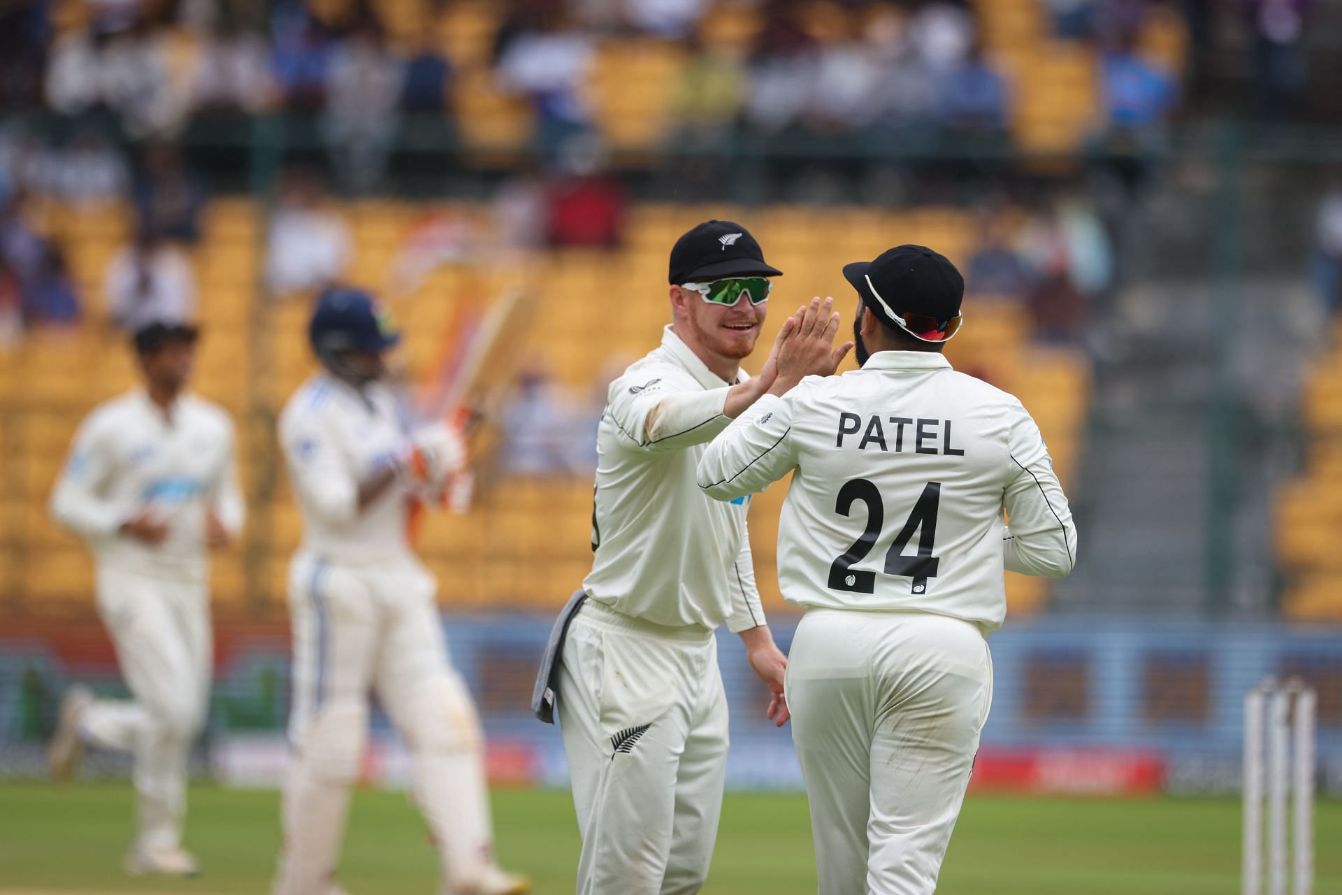 Ajaz Patel and Glenn Phillips celebrate. (Credits: Getty)