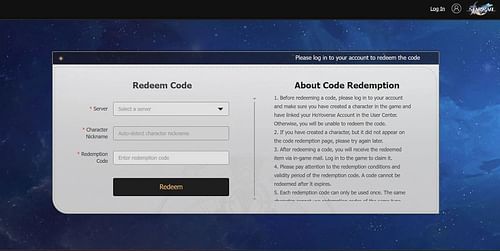 Redeem codes on the website (Image via HoYoverse)