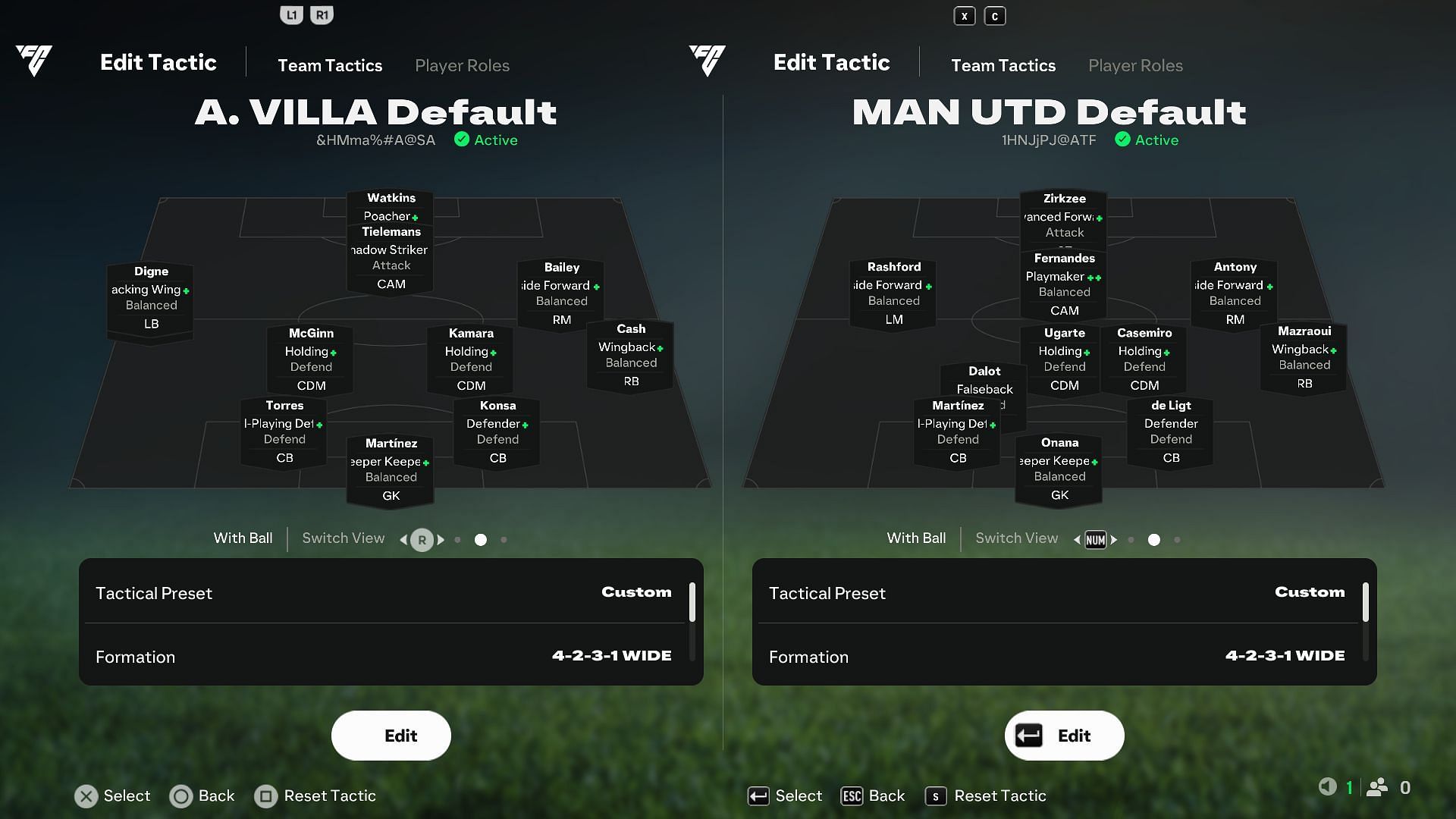 Aston Villa and Man United&#039;s default squad setup (Image via EA Sports)