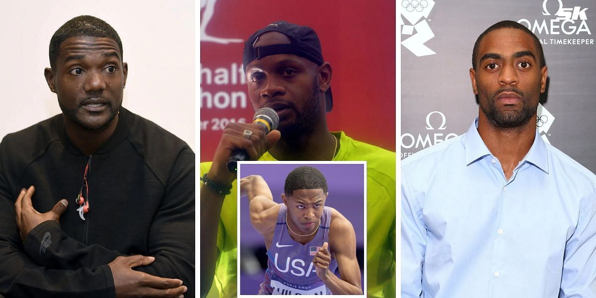 Justin Gatlin (L), Asafa Powell (C), and Tyson Gay (R) question Quincy Wilson