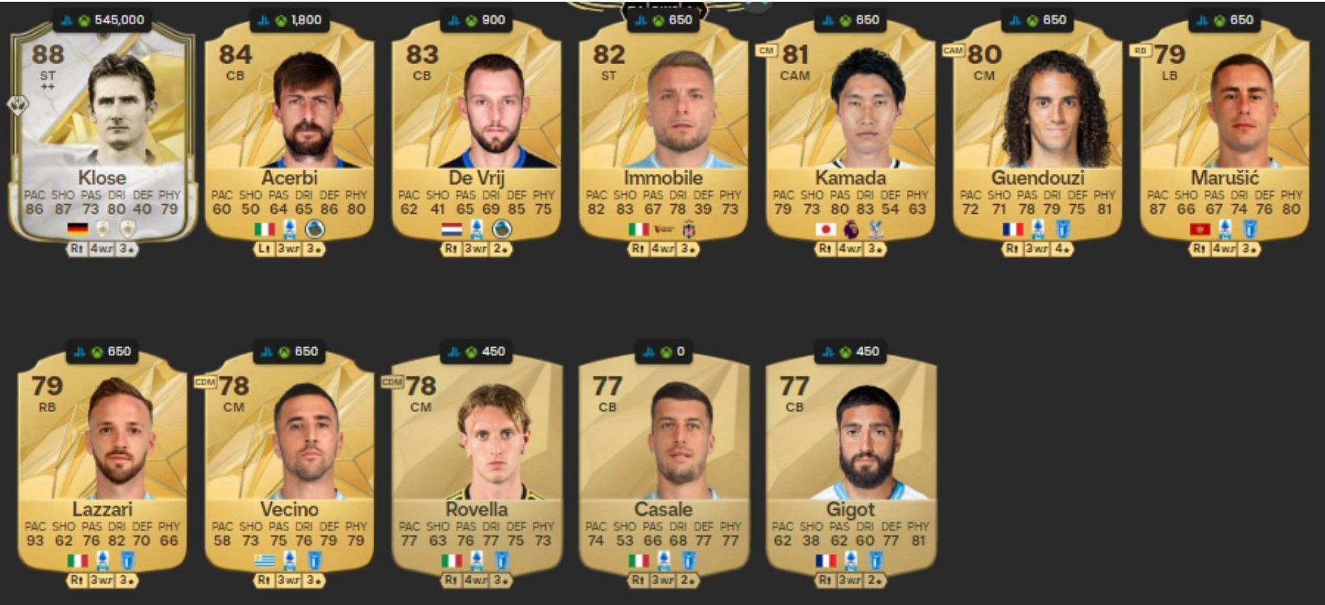 Latium reserve squad player options (Image via EA Sports || FUTWIZ)