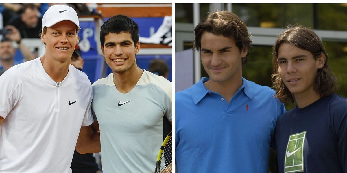 Fans were irritated after Carlos Alcaraz was asked about his relationship with Jannik Sinner at a 2024 Rolex Shanghai Masters press conference [Jannik Sinner and Carlos Alcaraz (L), Roger Federer and Rafael Nadal (R), Sources: Getty]