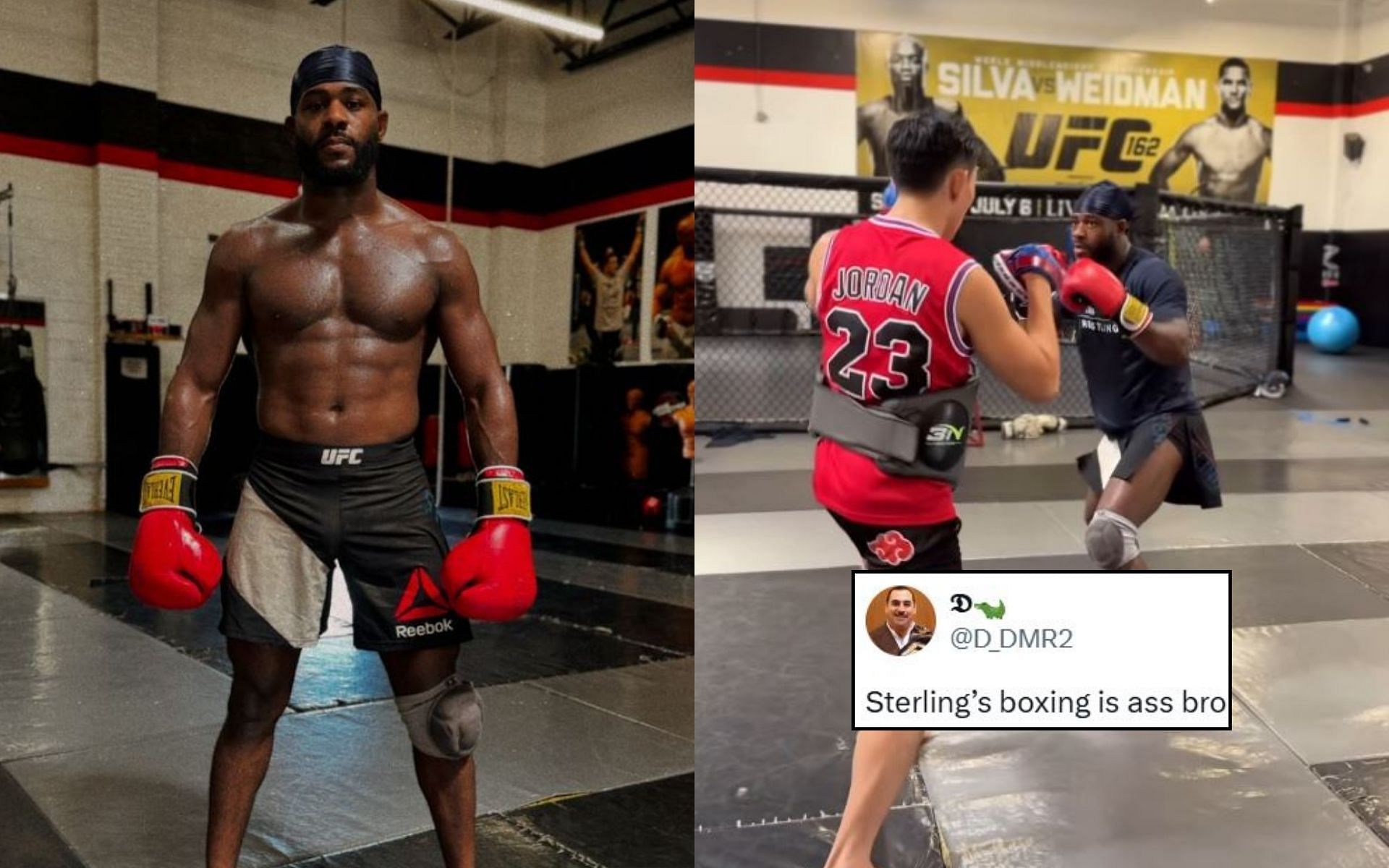 A fan (insert) criticizes Aljamain Sterling (pictured) and his boxing. [Image credit: @D_DMR2 on X, @funkmastermma on Instagram]