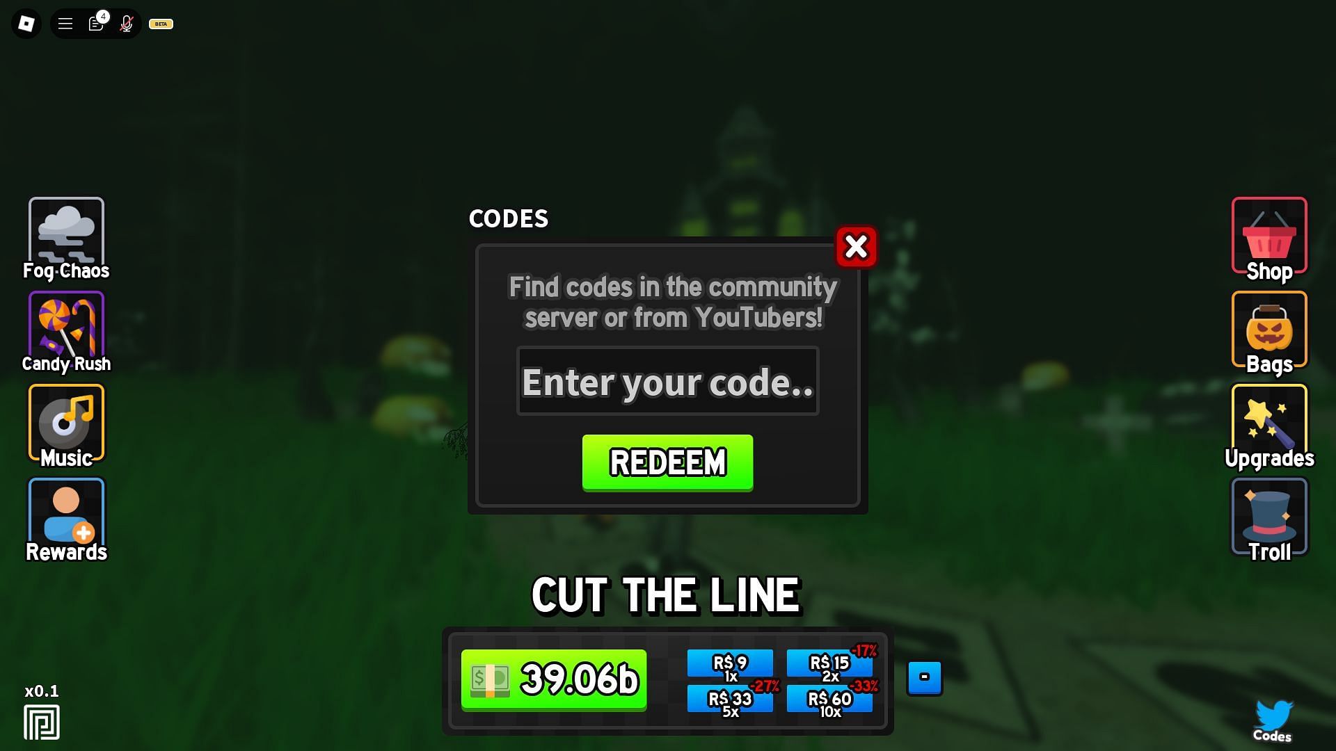 Redeem codes in Trick or Treat (Image via Roblox)