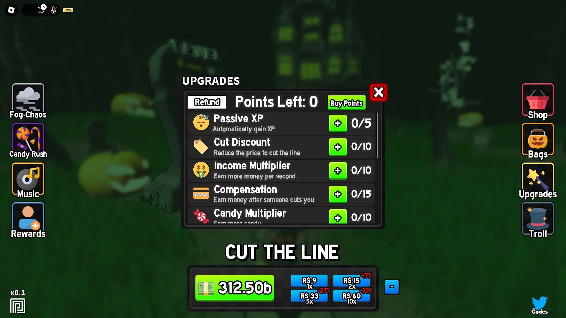 The upgrades menu in Trick or Treat (Image via Roblox)