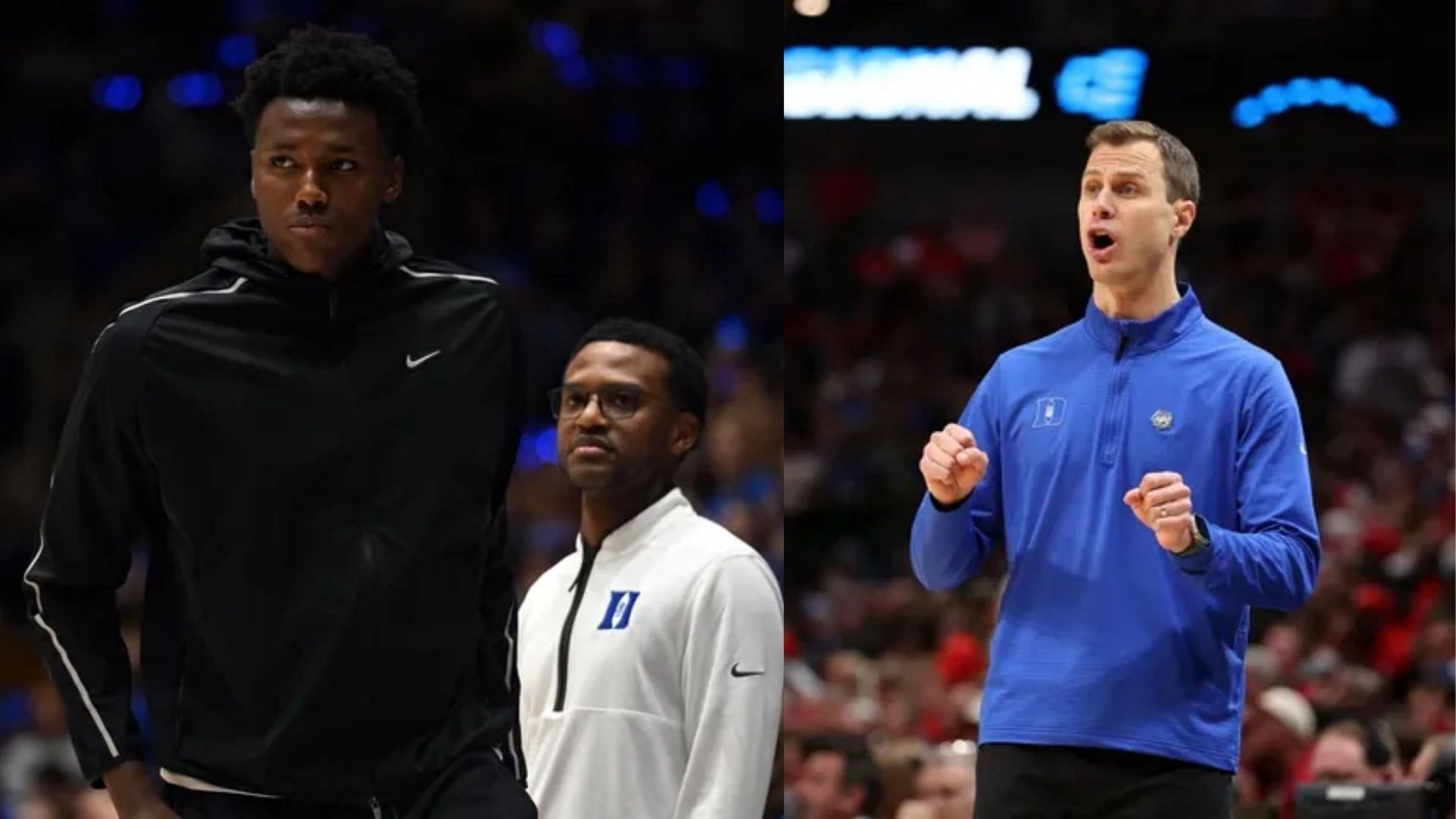 Patrick Ngongba II (left) and Duke coach Jon Scheyer (right). (Image Source; IMAGN)