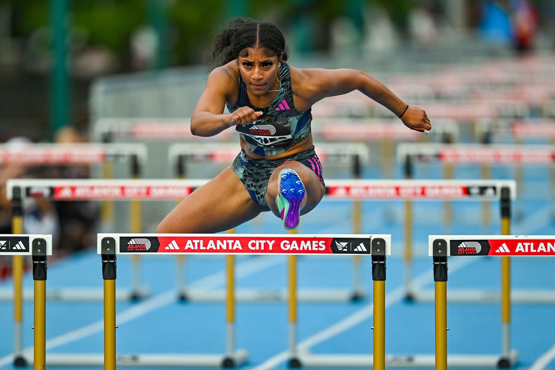 Tia Jones during the Women&#039;s Hurdles event of the 2023 Atlanta City Games (Image via: Getty Images)