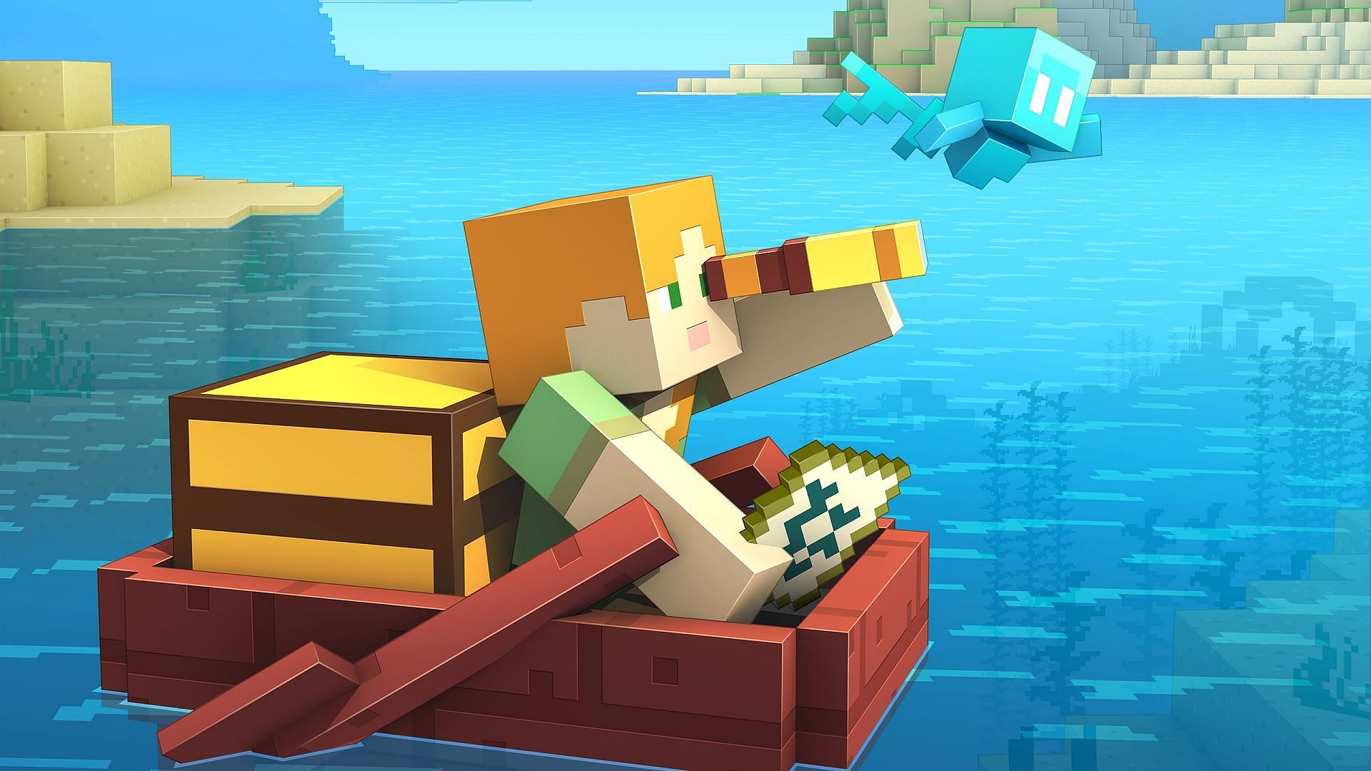 Alex riding a boat and looking through a spyglass in promotional art (Image via Mojang)