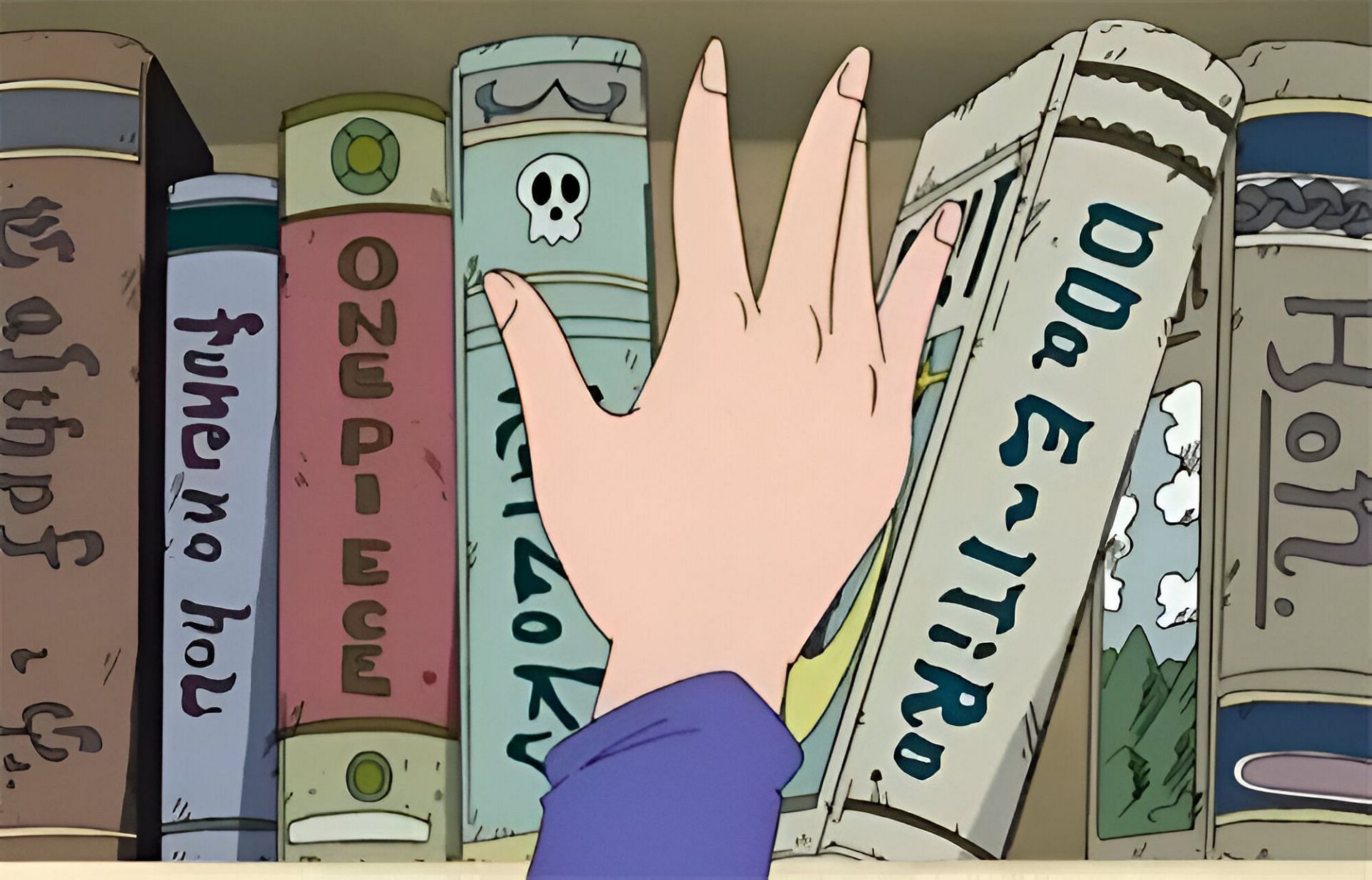 Eiichiro Oda&#039;s name present on a book in the series (Image via Toei Animation)