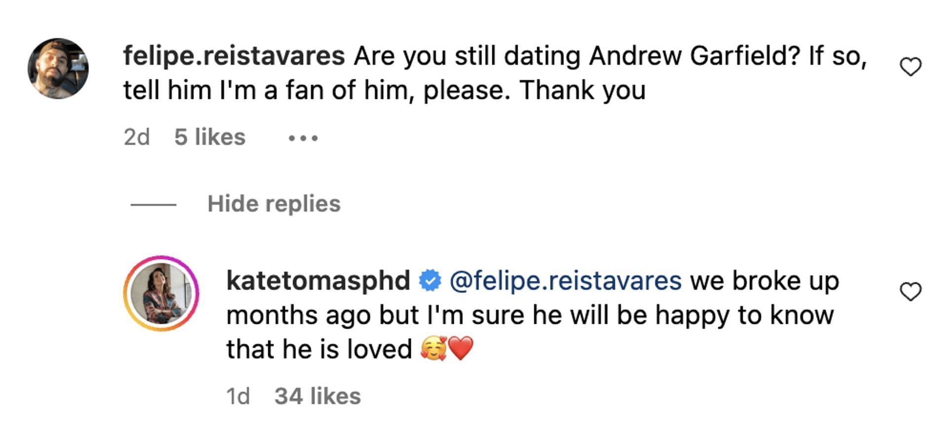 Tomas announces breakup with Andrew Garfield in the comments section of an Instagram post. (Image via Instagram)