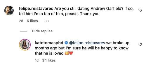 Tomas announces breakup with Andrew Garfield in the comments section of an Instagram post. (Image via Instagram)