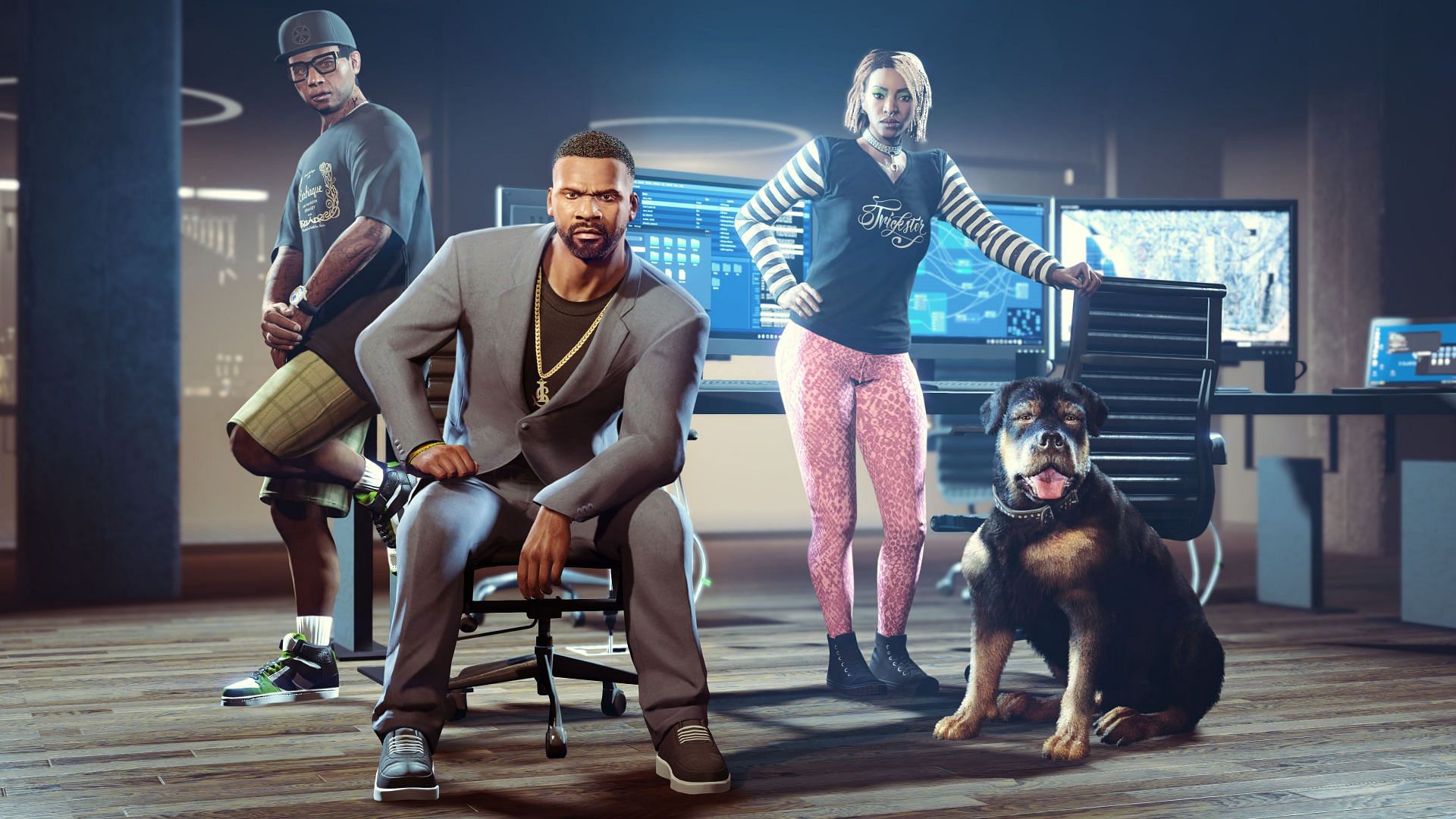 Chop with Franklin, Lamar, and Imani in GTA Online (Image via Rockstar Games)