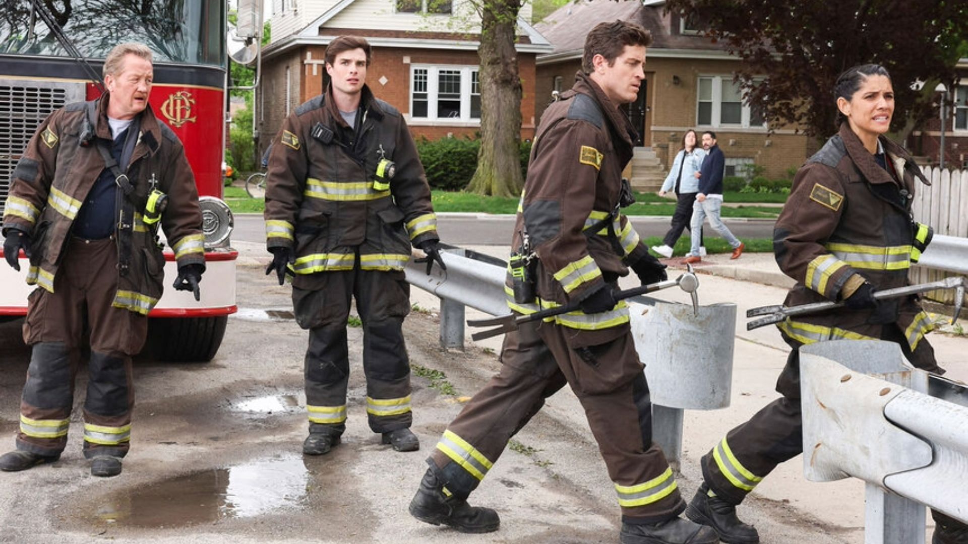 Randy &#039;Mouch&#039; McHolland, Jack Damon, Sam Carver, and Stella Kidd in Chicago Fire Season 12 (Image via NBC/Adrian S Burrows Sr)