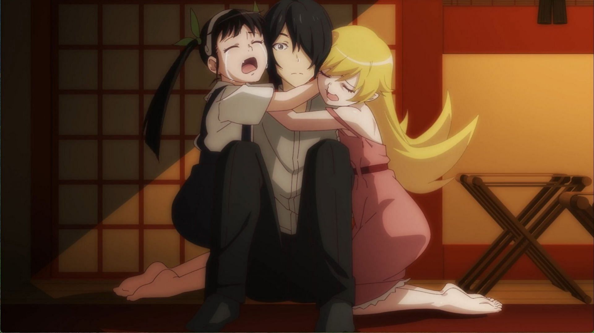 Araragi, Shinobu, and the Shring Goddess as seen in the anime series (Image via Shaft)