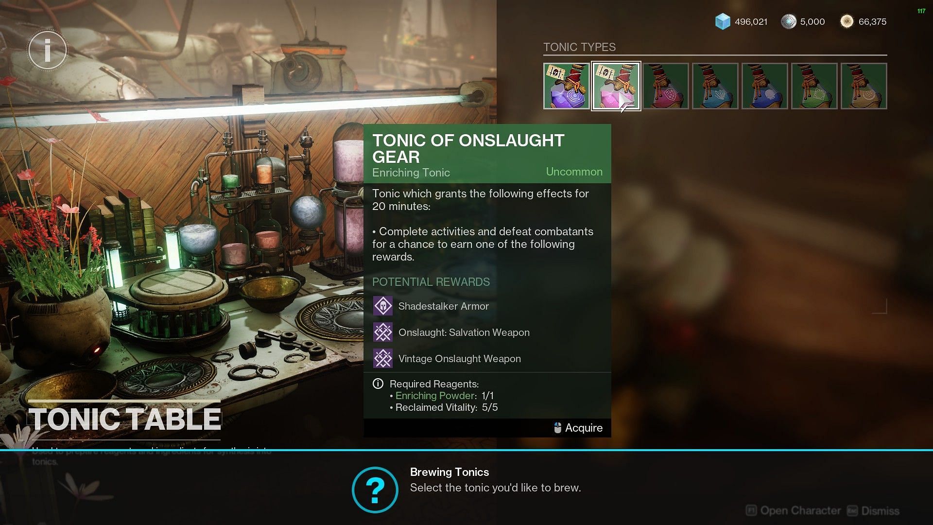 Tonic table at the start of Destiny 2 potion crafting (Image via Bungie)